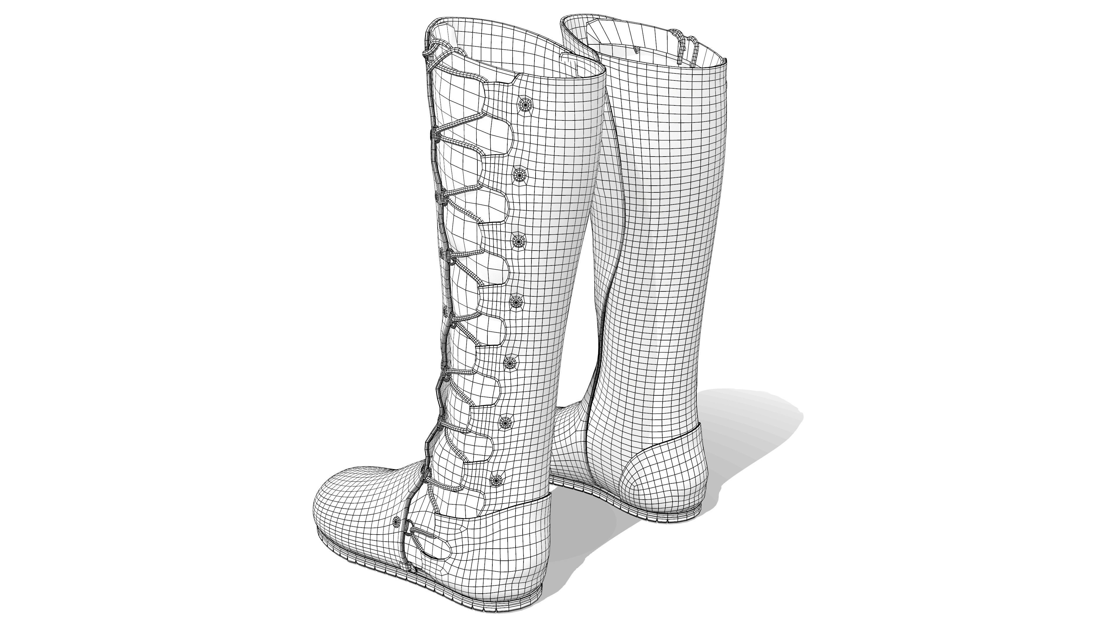 High Boots Lace-Up Long Boots with Chunky Block Heels Low-poly 3D model_7