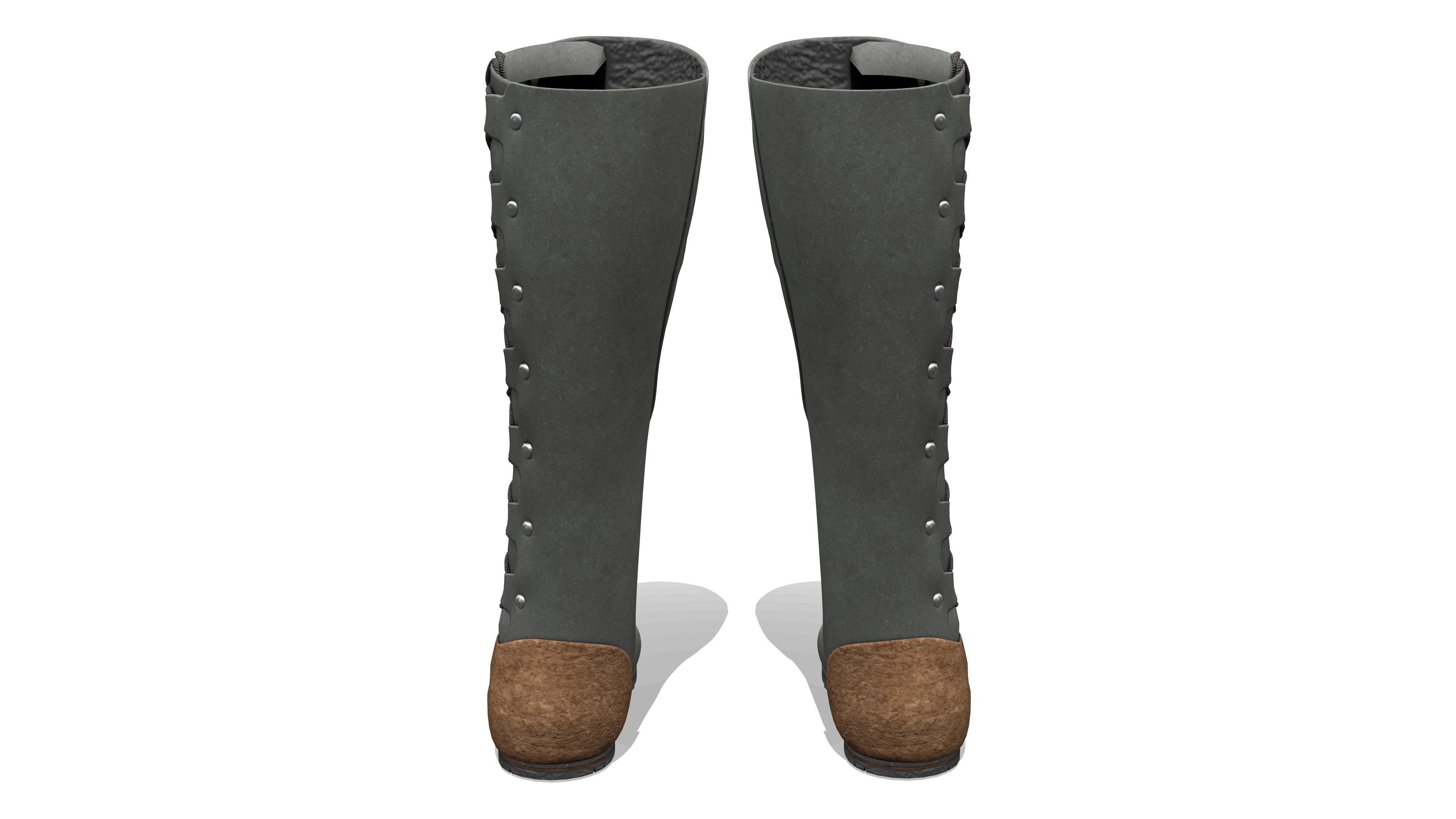 High Boots Lace-Up Long Boots with Chunky Block Heels Low-poly 3D model_4