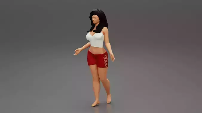 Young girl with long hair in a white shirt and short