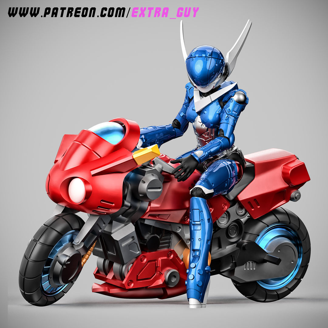 Priss in Hardsuit 2 Poses and  Bike 100mm 3D print model_2