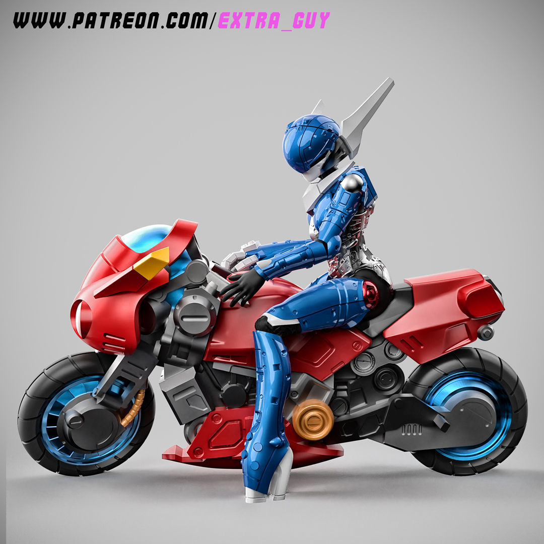 Priss in Hardsuit 2 Poses and  Bike 100mm 3D print model_1