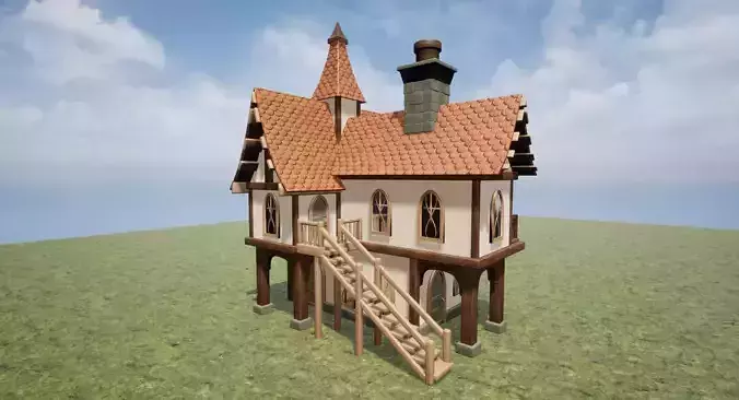 Medieval Fantasy 2 Storey House Inn Bar or Hotel Game Ready Low-poly 3D model