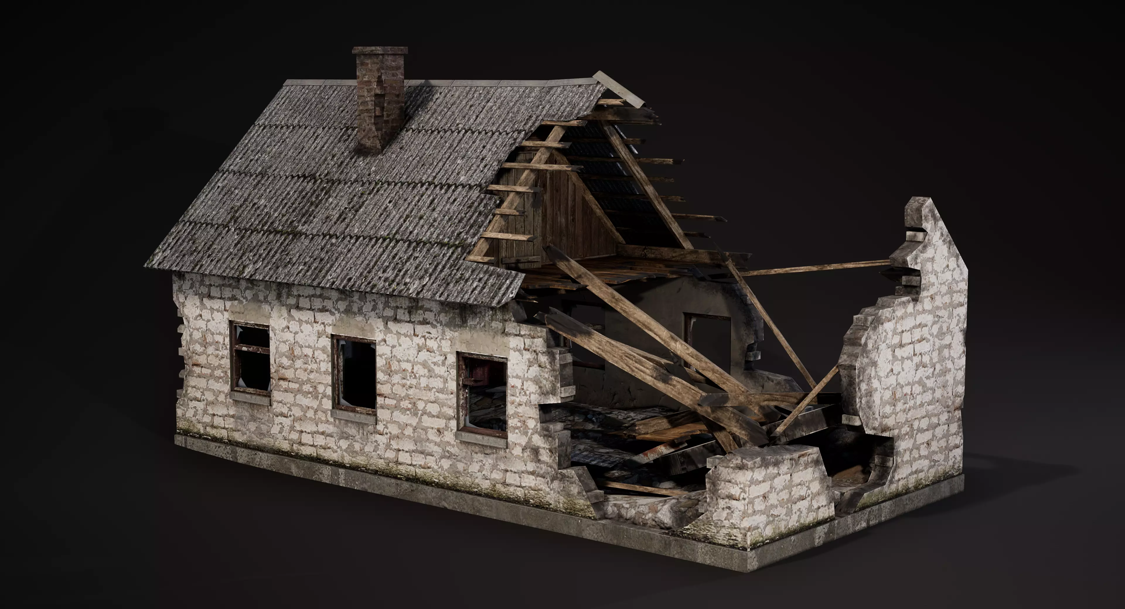 Abandoned destroyed house Low-poly 3D model_0