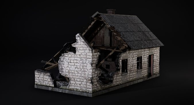 Abandoned destroyed house Low-poly 3D model 4