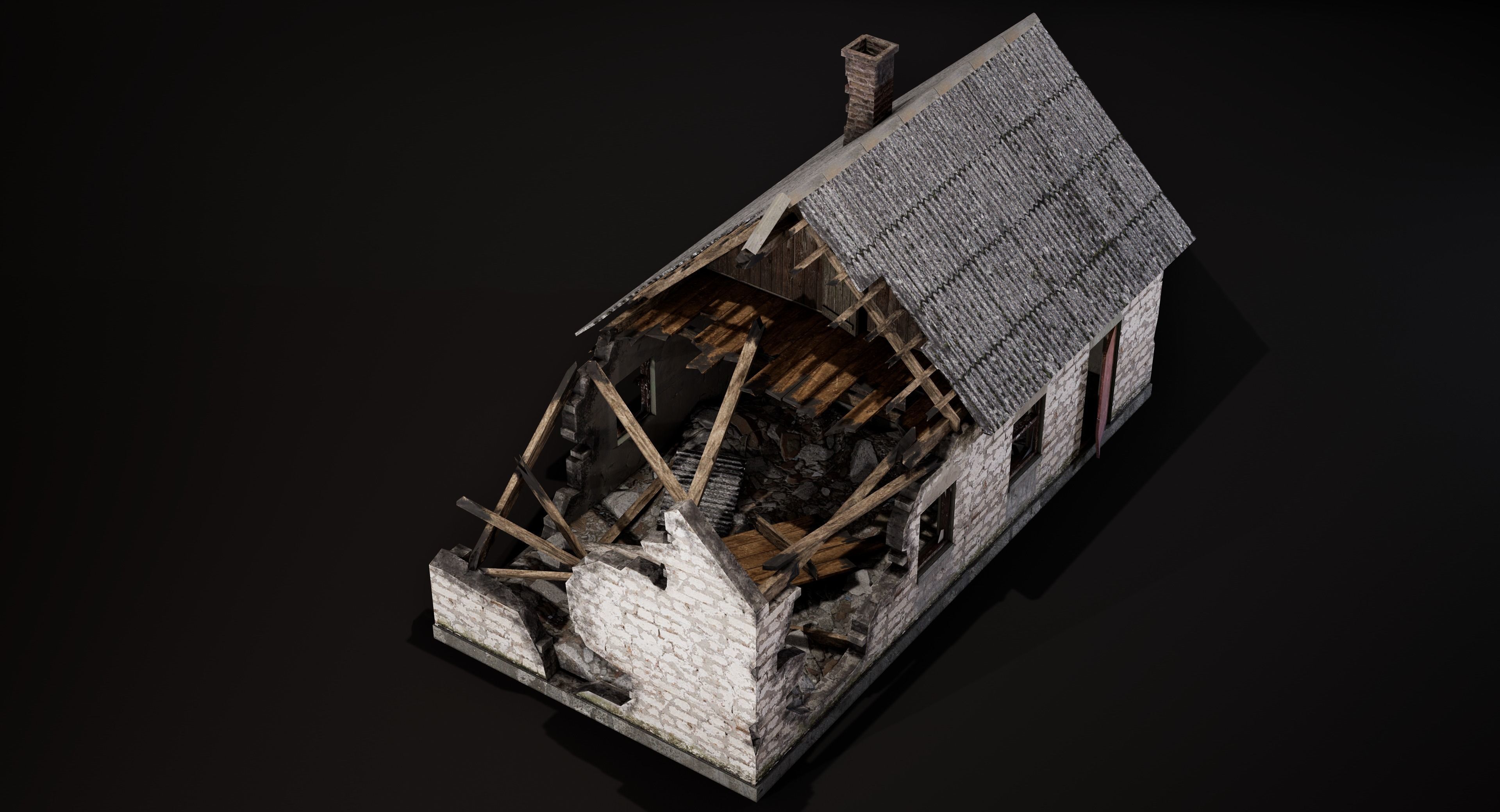 Abandoned destroyed house Low-poly 3D model_1