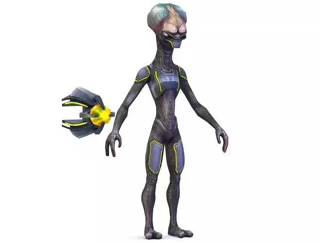 Low Poly Armored Skinny Grey Alien UFO