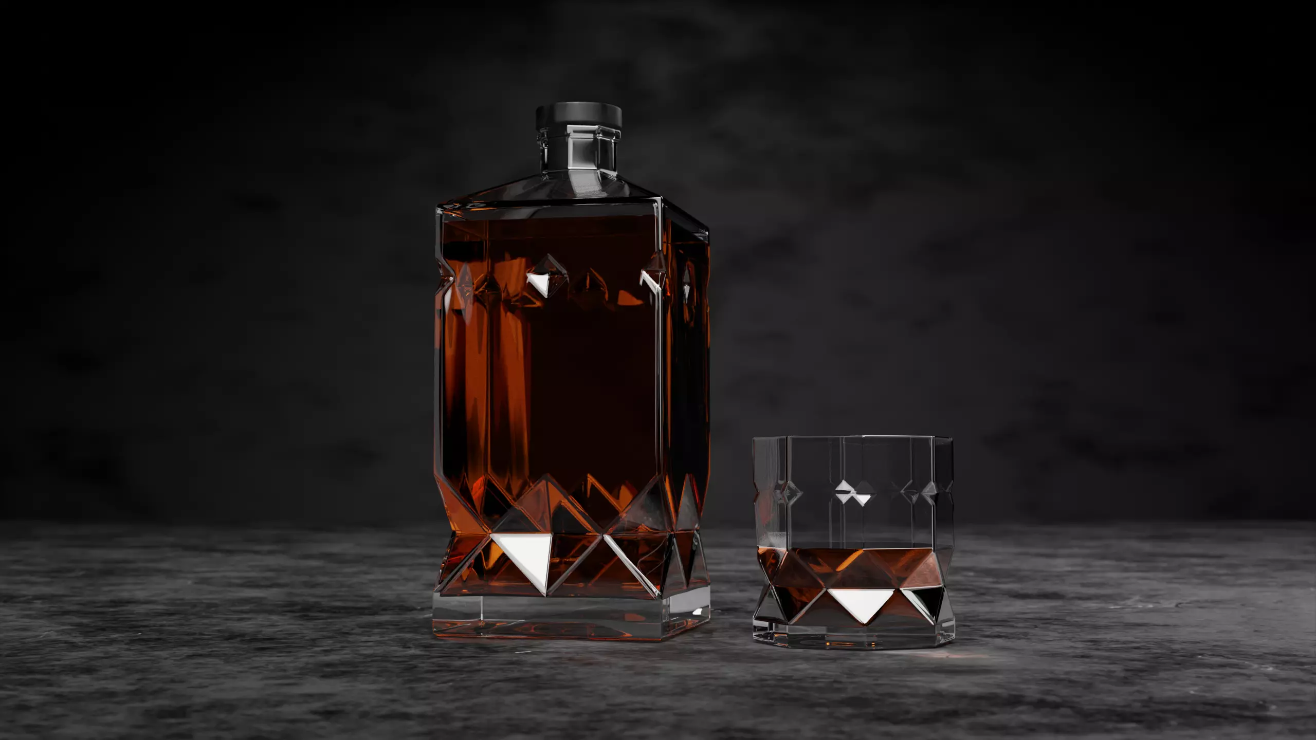 Custom whiskey bottle and glass Low-poly 3D model
