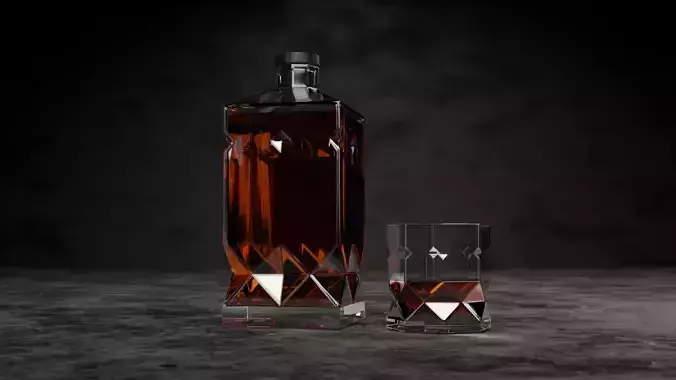 Custom whiskey bottle and glass Low-poly 3D model