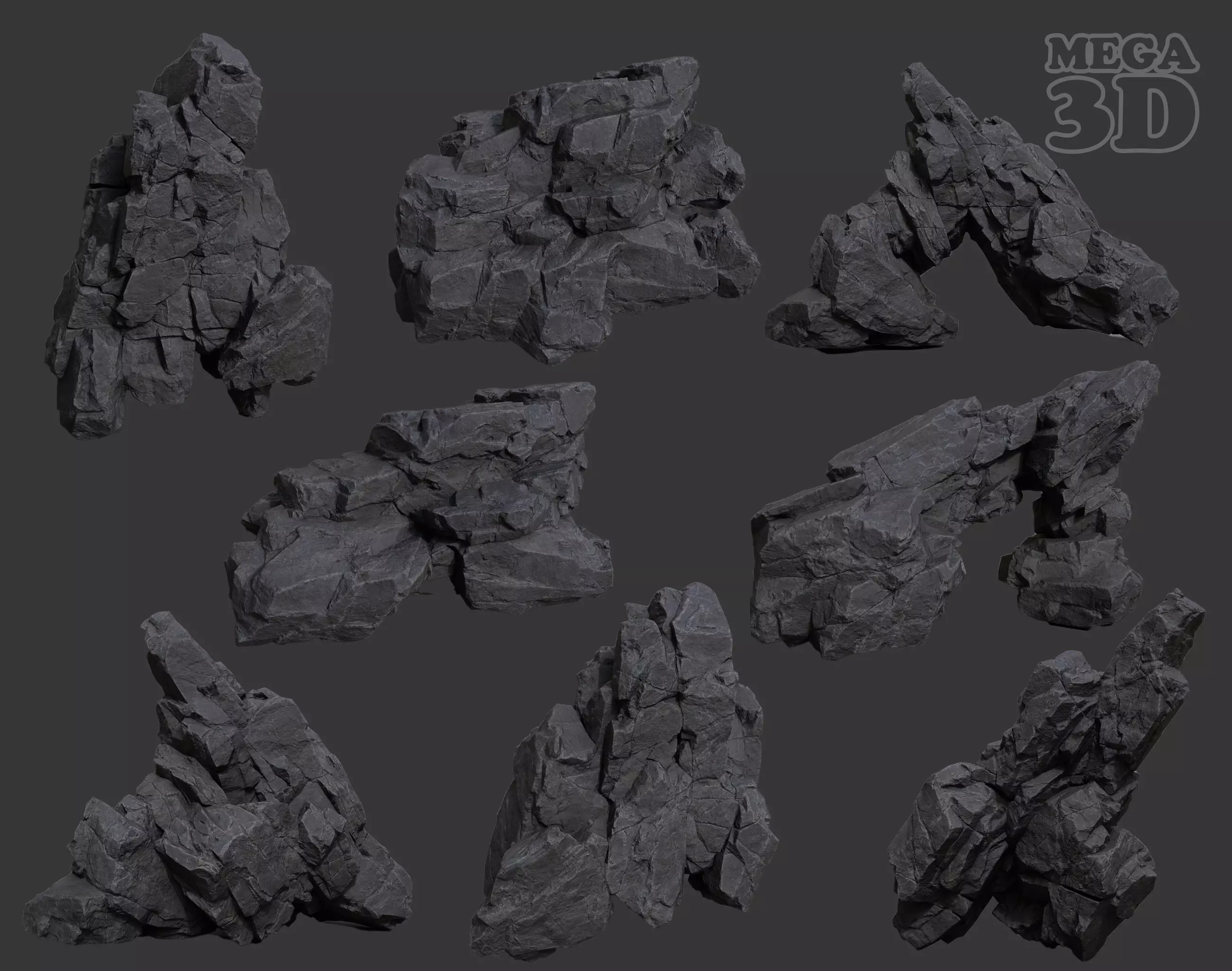 Low Poly Black Rock Formation 221219 - Ultra HD 16K Texture Low-poly 3D model_0