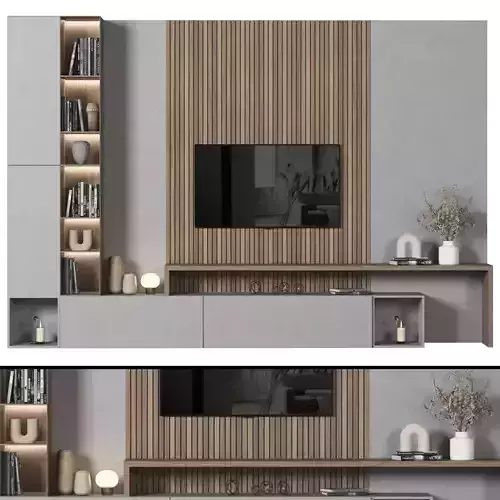 TVWALL023 modern living room with shelves and tv