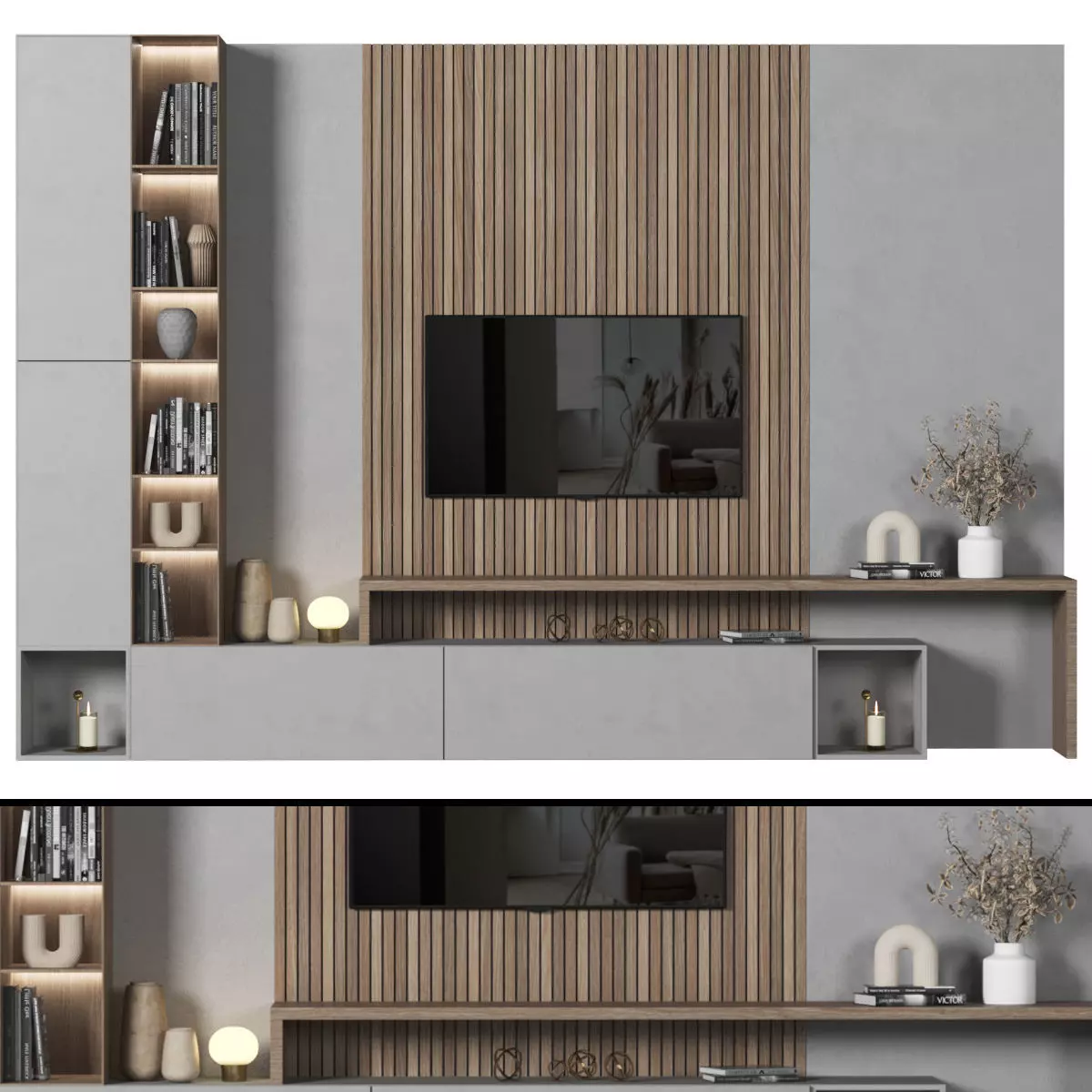 TVWALL023 modern living room with shelves and tv 3D model