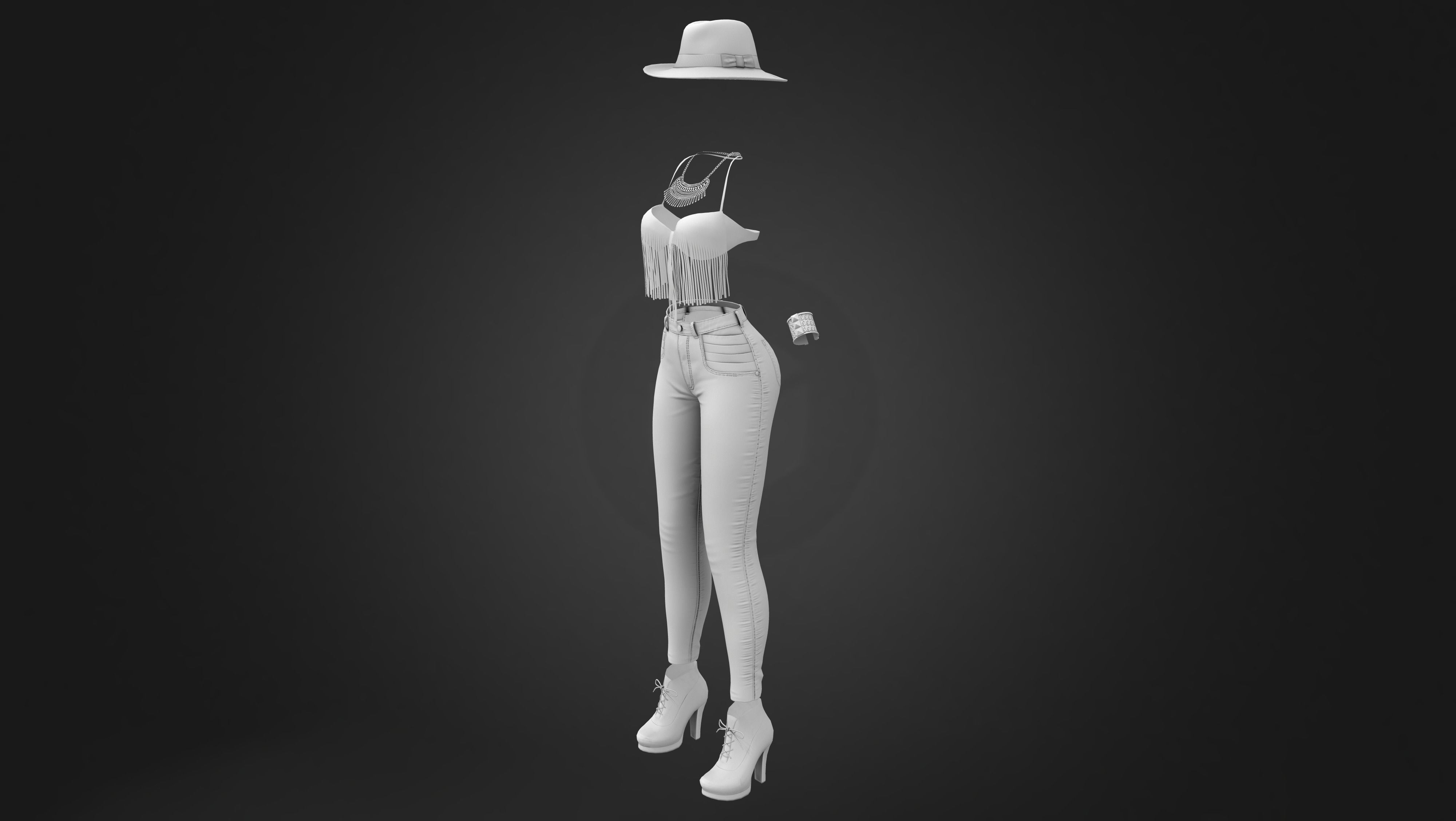 Black Cowgirl Style Fashion Outfit Hat Bracelet Top Pants Hat Low-poly 3D model_14