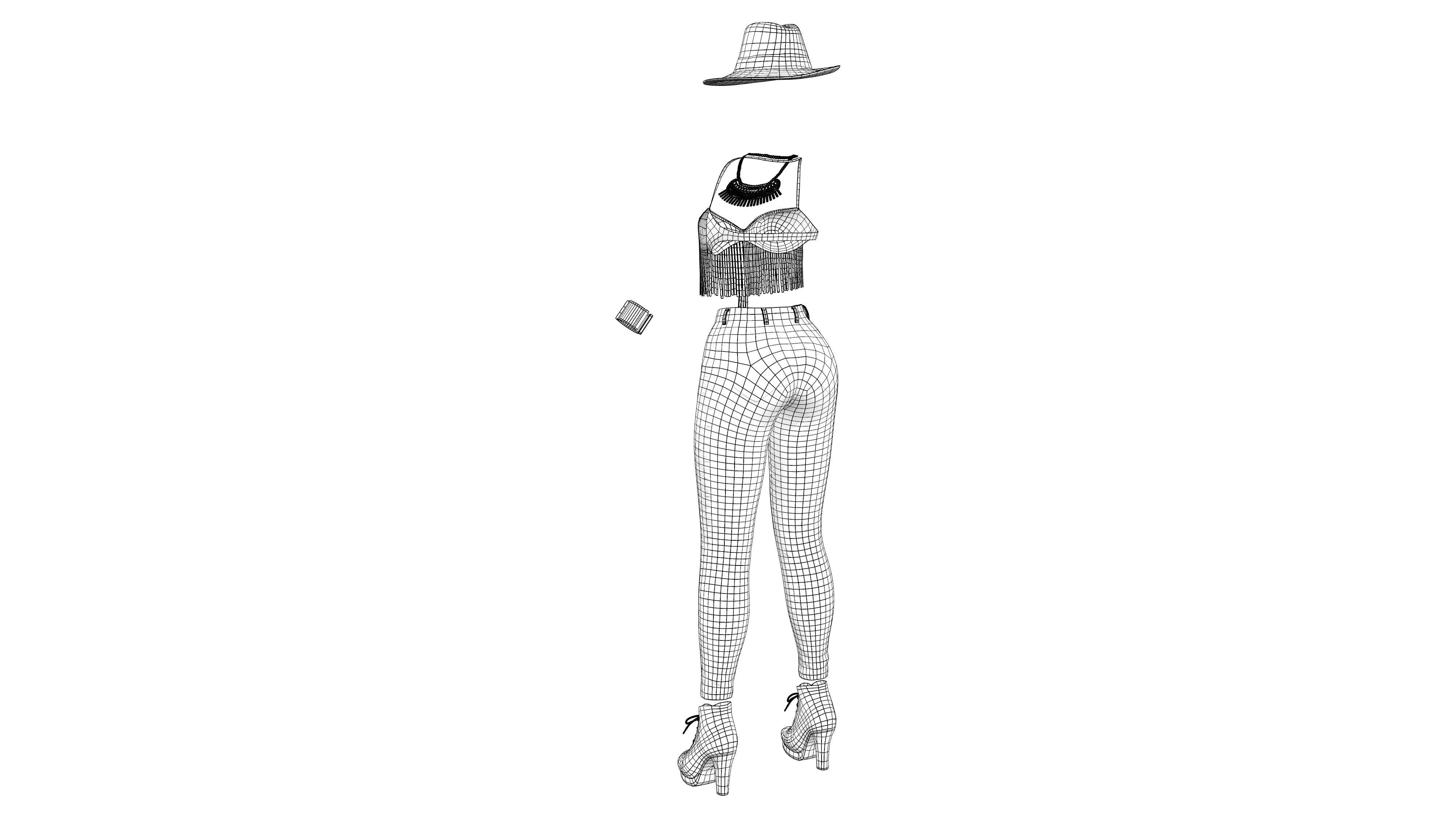 Black Cowgirl Style Fashion Outfit Hat Bracelet Top Pants Hat Low-poly 3D model_13