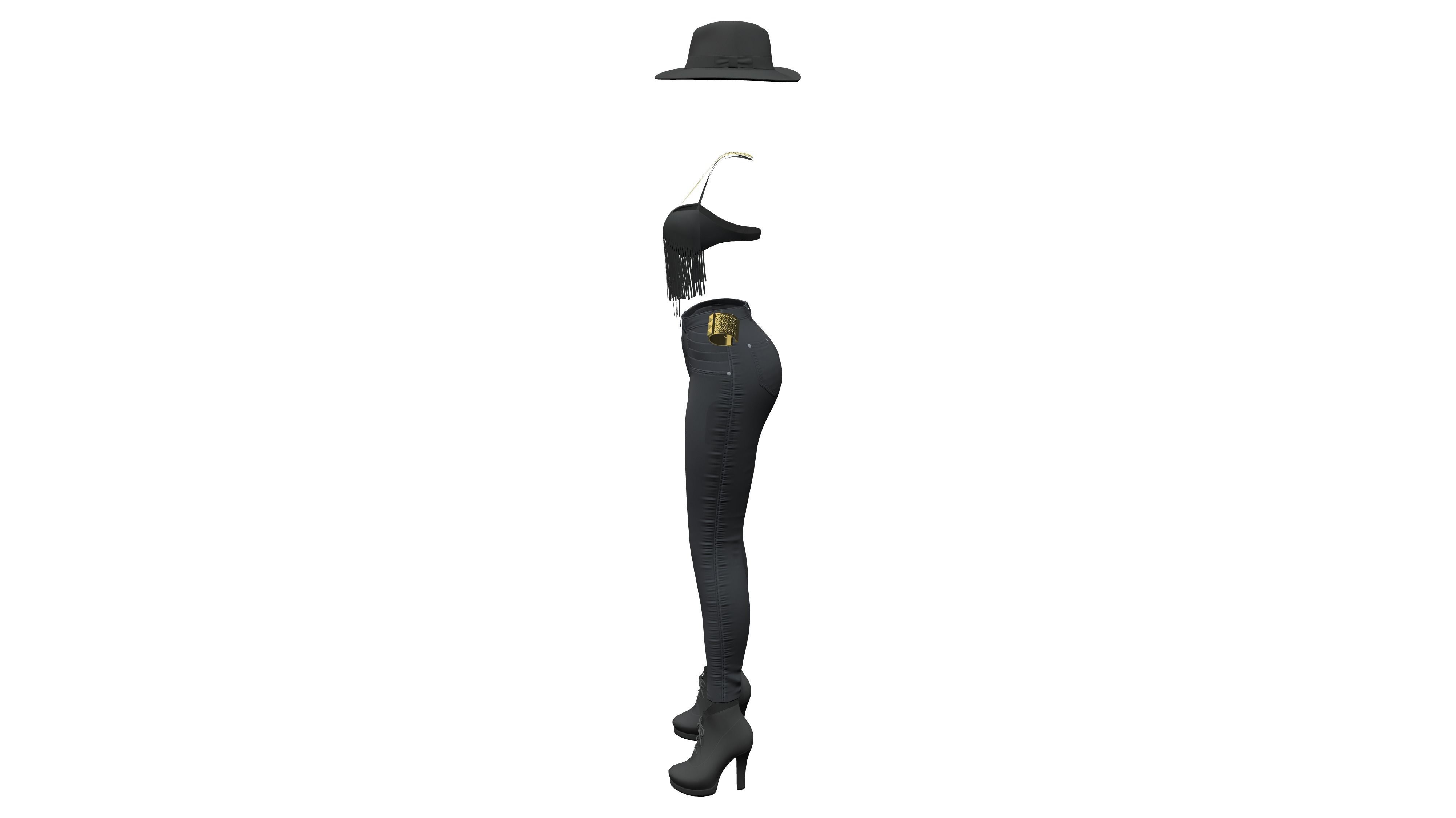 Black Cowgirl Style Fashion Outfit Hat Bracelet Top Pants Hat Low-poly 3D model_9