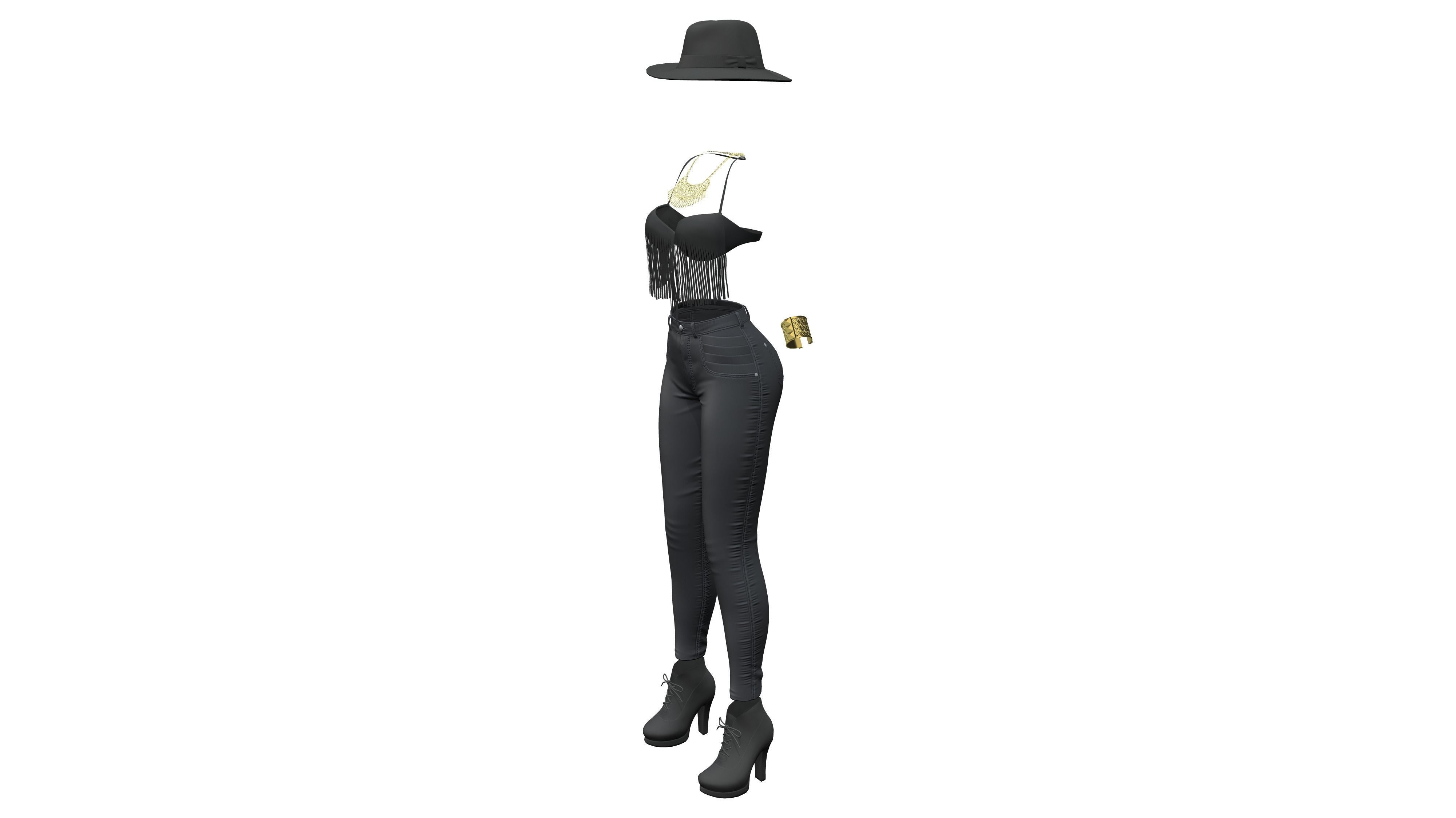 Black Cowgirl Style Fashion Outfit Hat Bracelet Top Pants Hat Low-poly 3D model_11