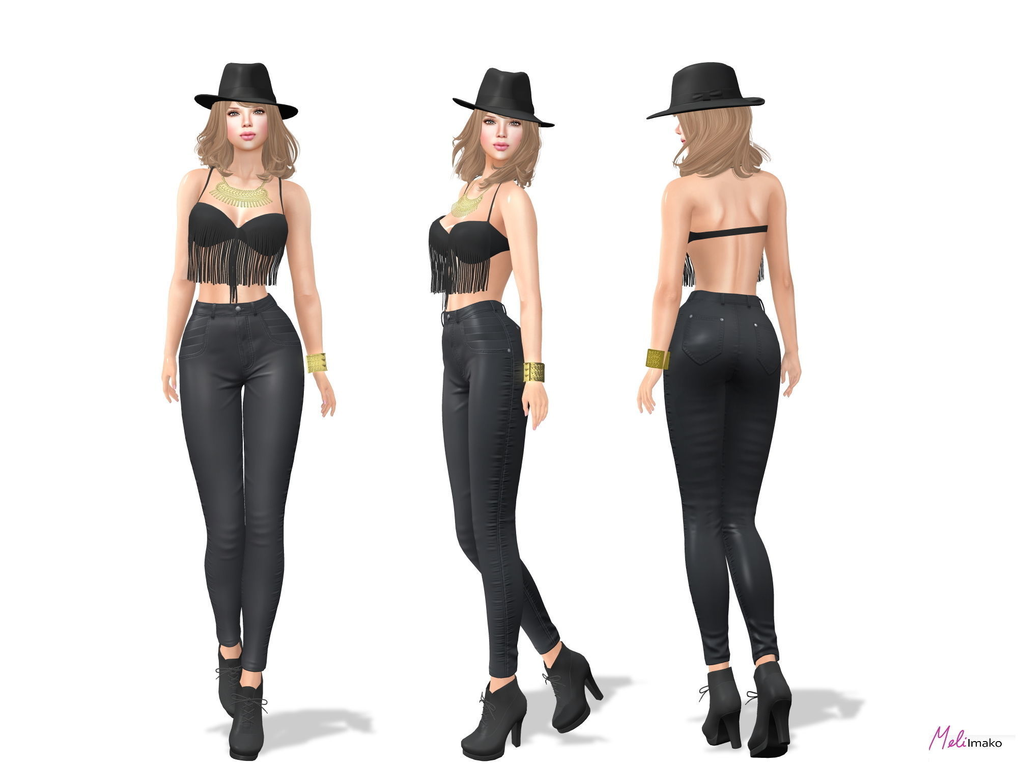 Black Cowgirl Style Fashion Outfit Hat Bracelet Top Pants Hat Low-poly 3D model_2