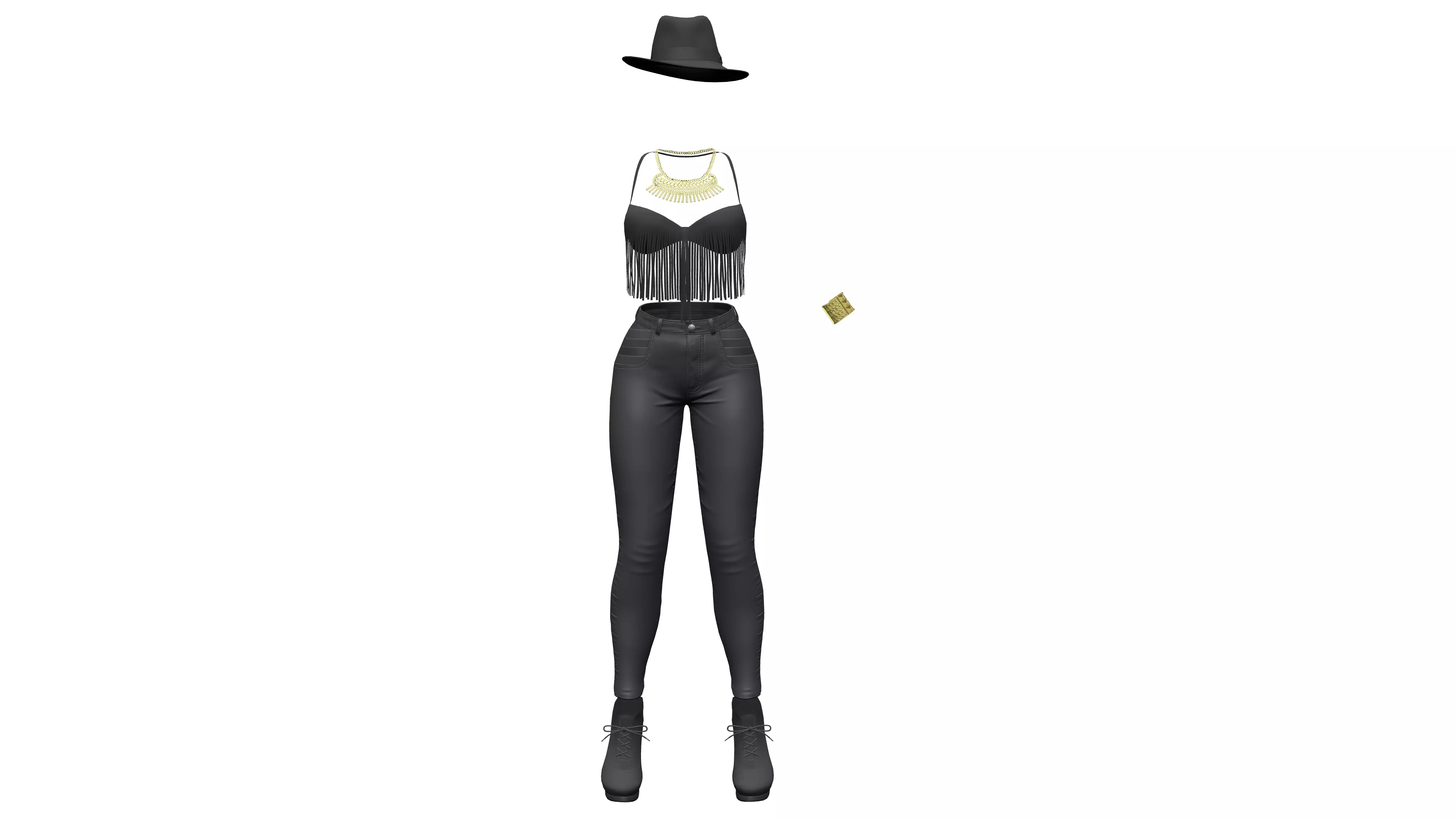 Black Cowgirl Style Fashion Outfit Hat Bracelet Top Pants Hat Low-poly 3D model_0