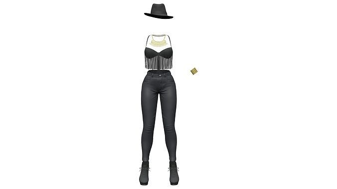 Black Cowgirl Style Fashion Outfit Hat Bracelet Top Pants Hat Low-poly 3D model