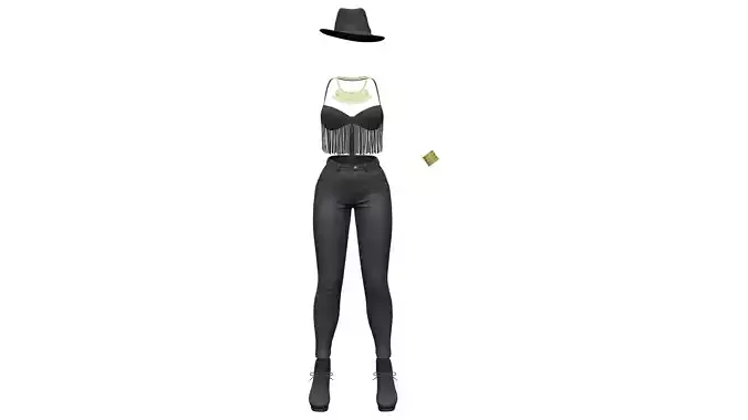 Black Cowgirl Style Fashion Outfit Hat Bracelet Top Pants Hat