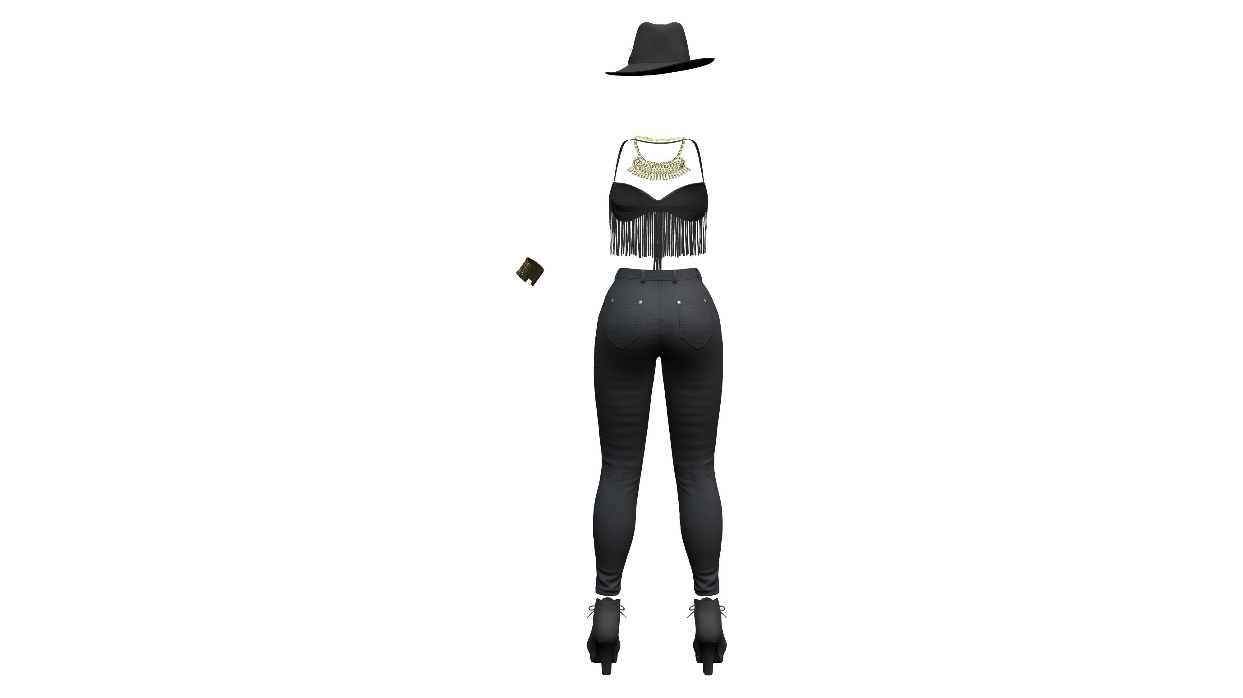 Black Cowgirl Style Fashion Outfit Hat Bracelet Top Pants Hat Low-poly 3D model_10