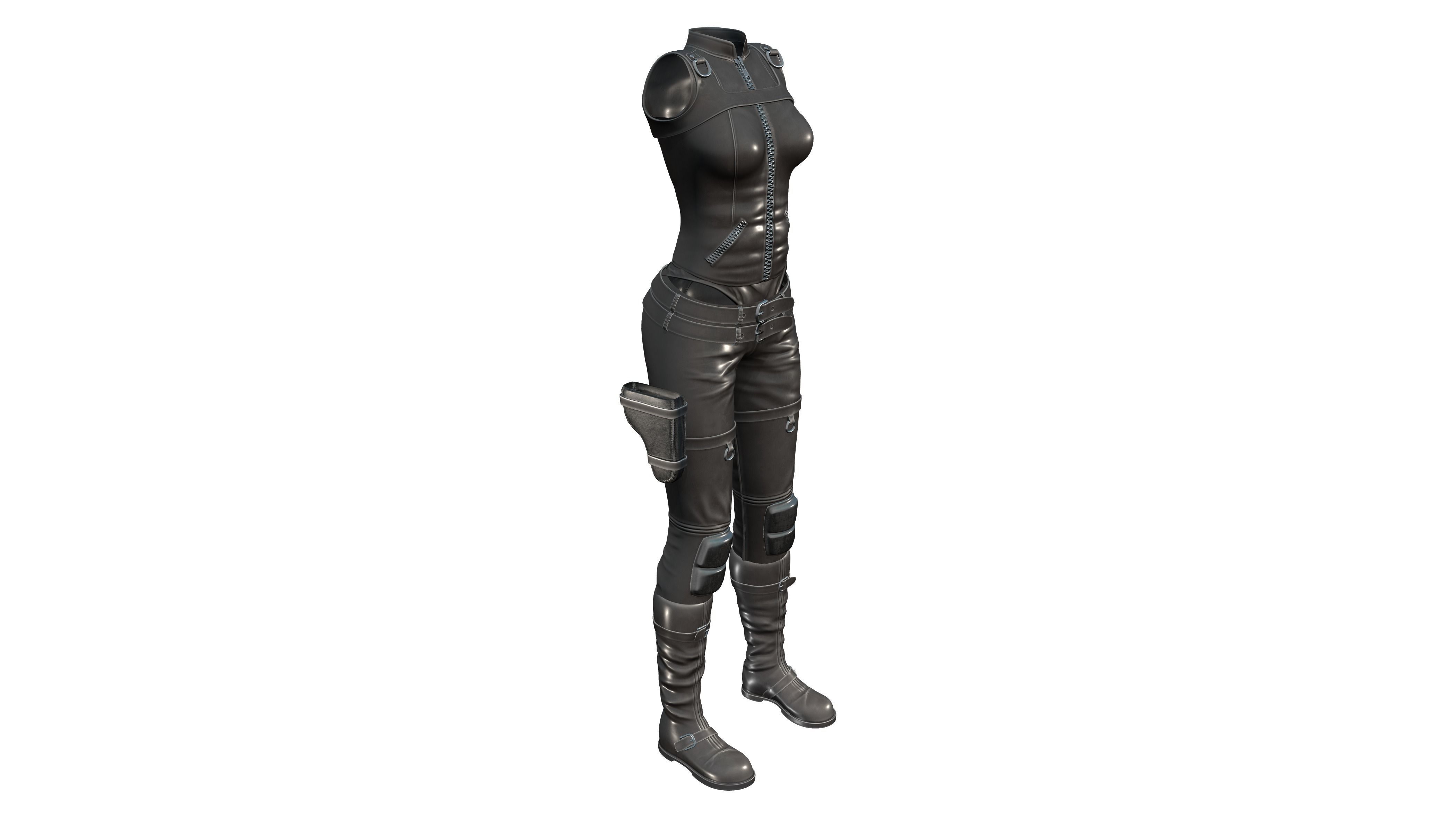 Black Leather Combat Rider Outfit Low-poly 3D model_5