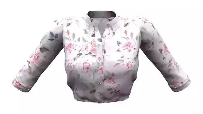 Standing Collar Korean Flower Prints Tucked In Shirt