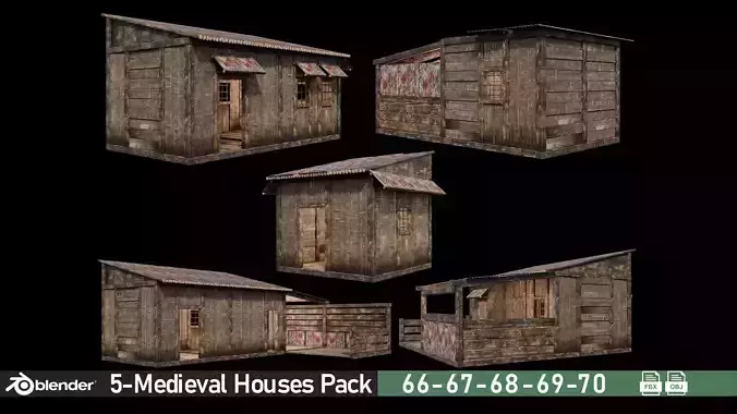 Medieval Houses Pack 66-67-68-69-70 - 4K Textures Game Ready Low-poly 3D model