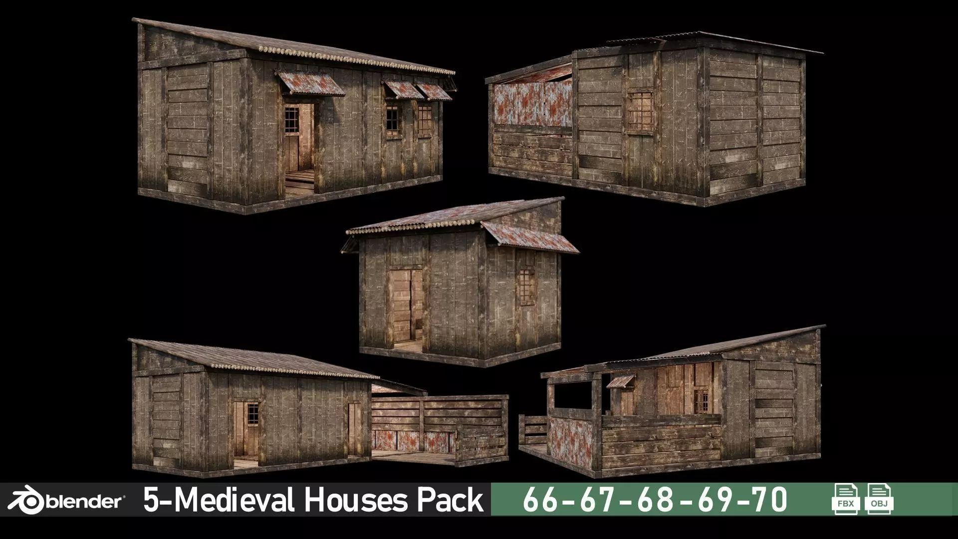 Medieval Houses Pack 66-67-68-69-70 - 4K Textures Game Ready Low-poly 3D model_0