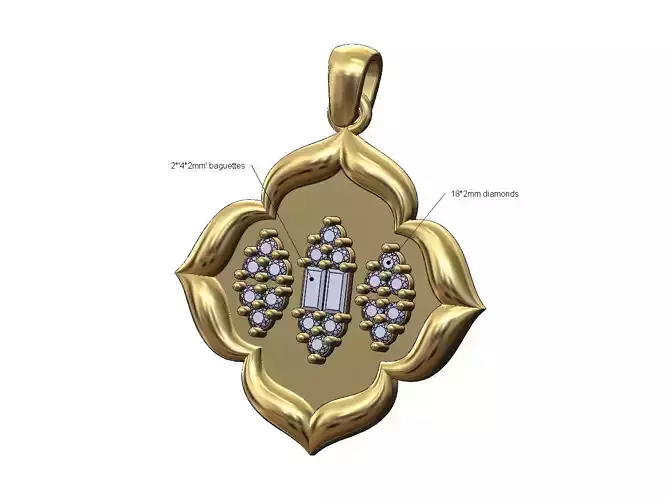 Floral window baguette and diamonds clusters pendant with bail