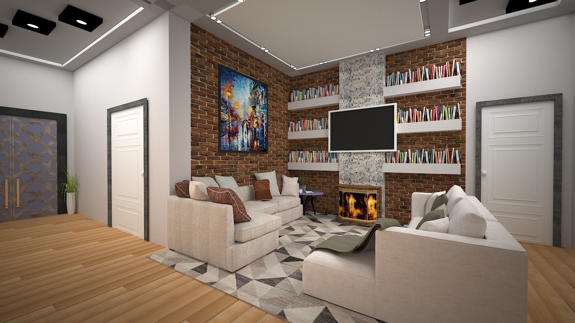 livingroom living room with fireplace and bookshelves 3D model_1