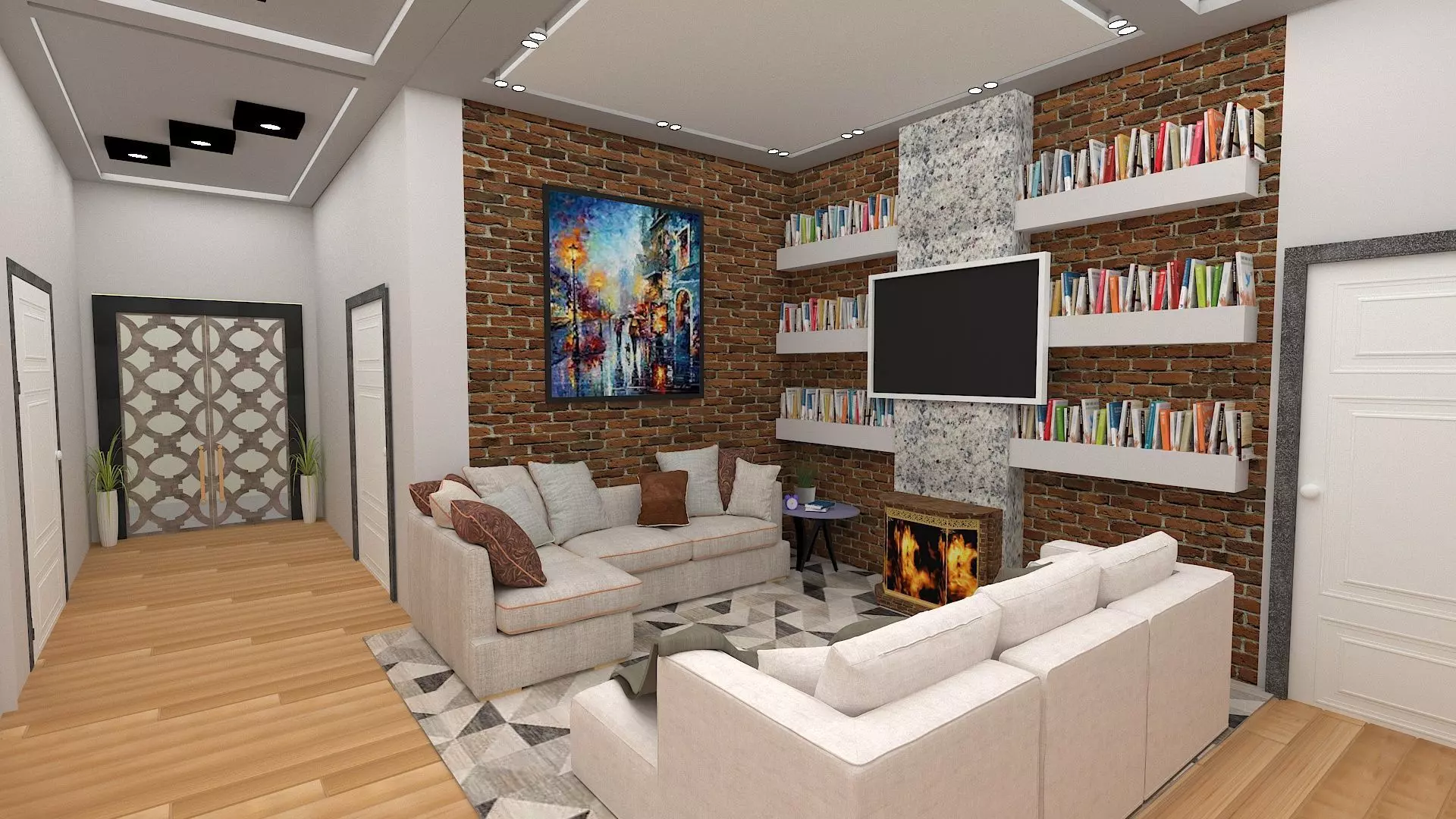 livingroom living room with fireplace and bookshelves 3D model_0