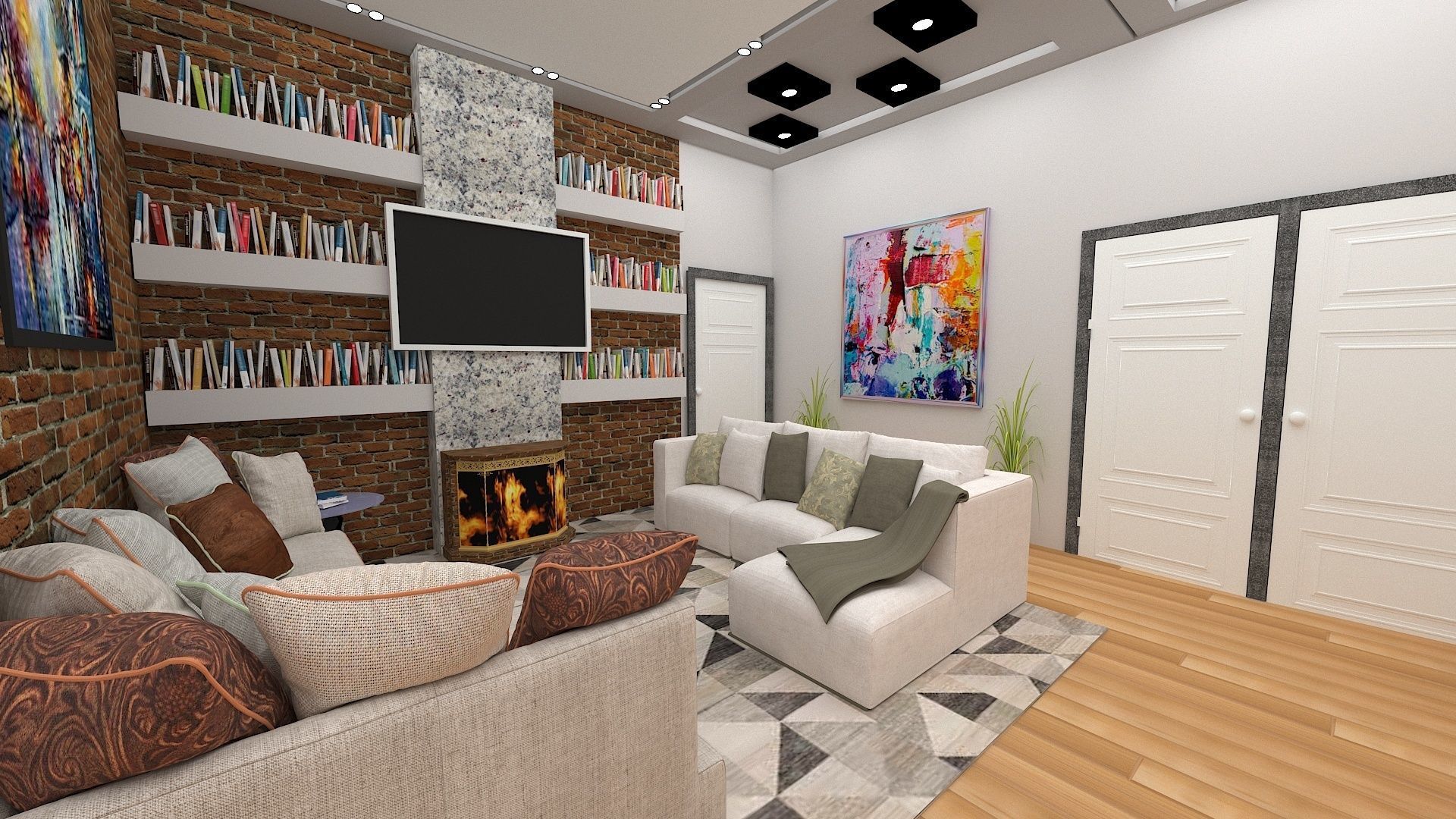 livingroom living room with fireplace and bookshelves 3D model_2