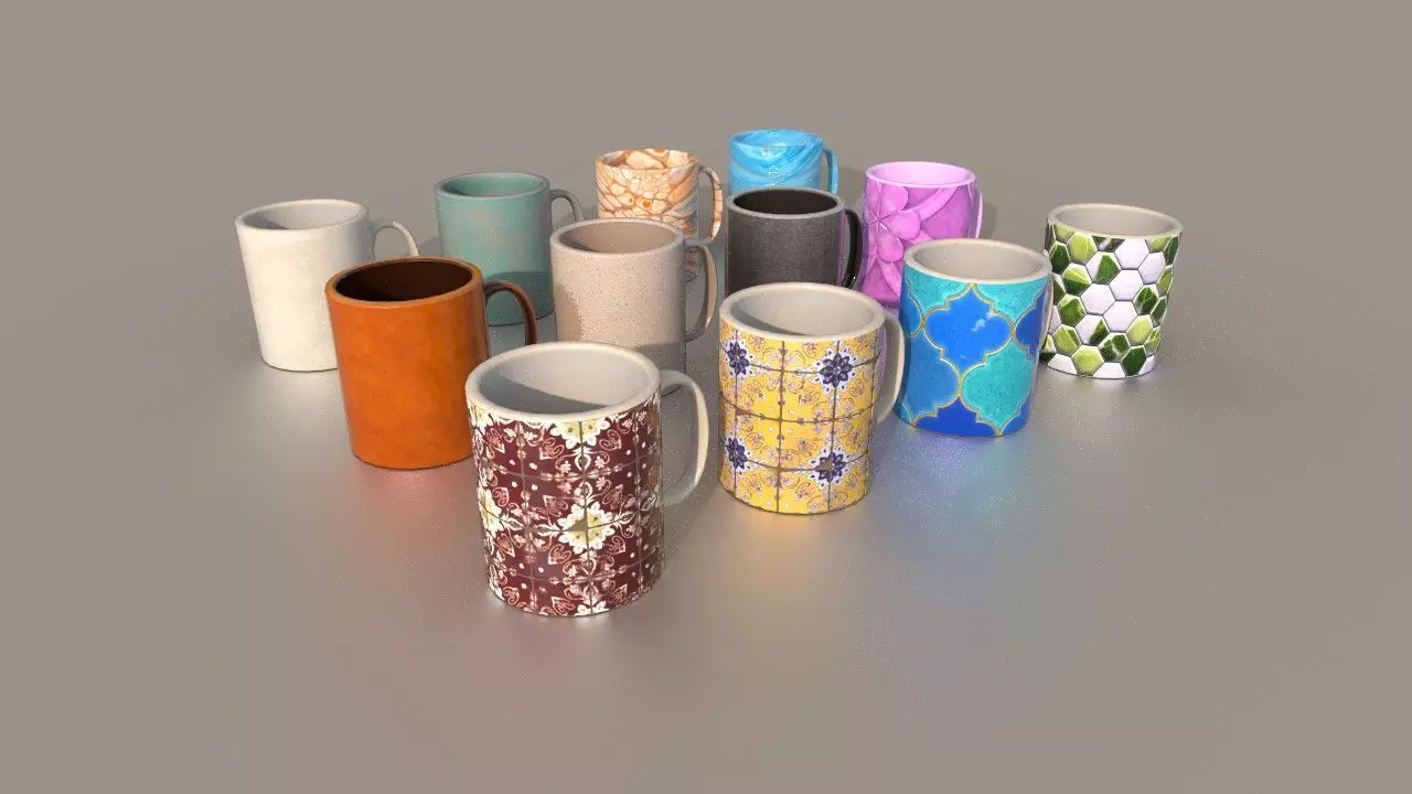 12 Mugs Porcelain PBR Low Poly VR AR Low-poly 3D model_0
