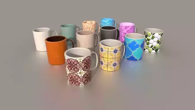 12 Mugs Porcelain PBR Low Poly VR AR Low-poly 3D model