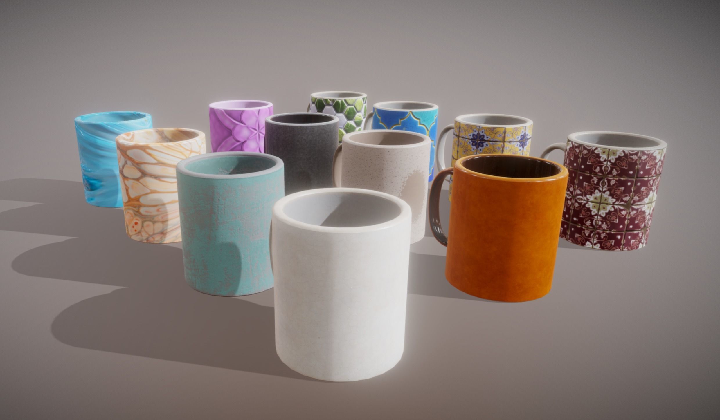 12 Mugs Porcelain PBR Low Poly VR AR Low-poly 3D model_1