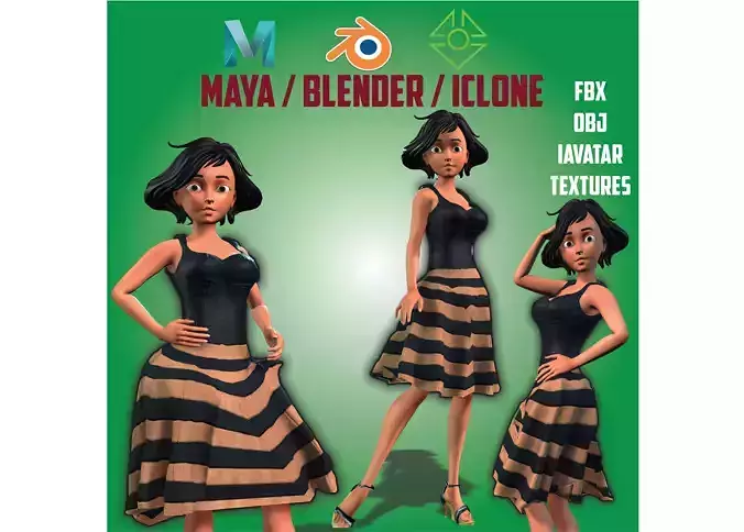 Cartoon Character Girl Toon With Dress ready Iclone Blender Maya