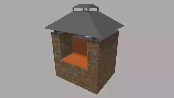 Low Poly Barbecue brick chimney with wooden seat Low-poly 3D model