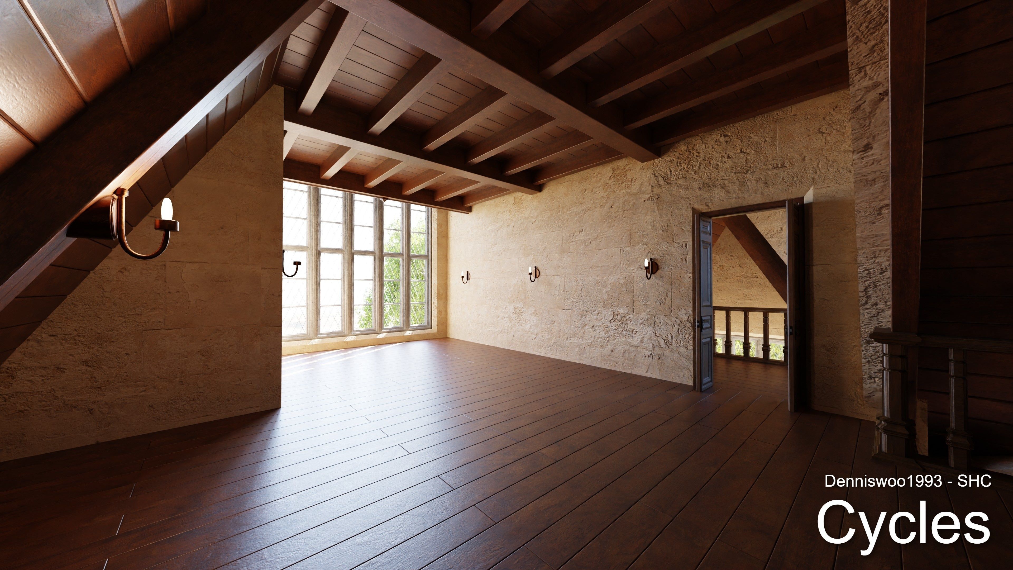 Classic great hall with tower - Church with interior Low-poly 3D model_5