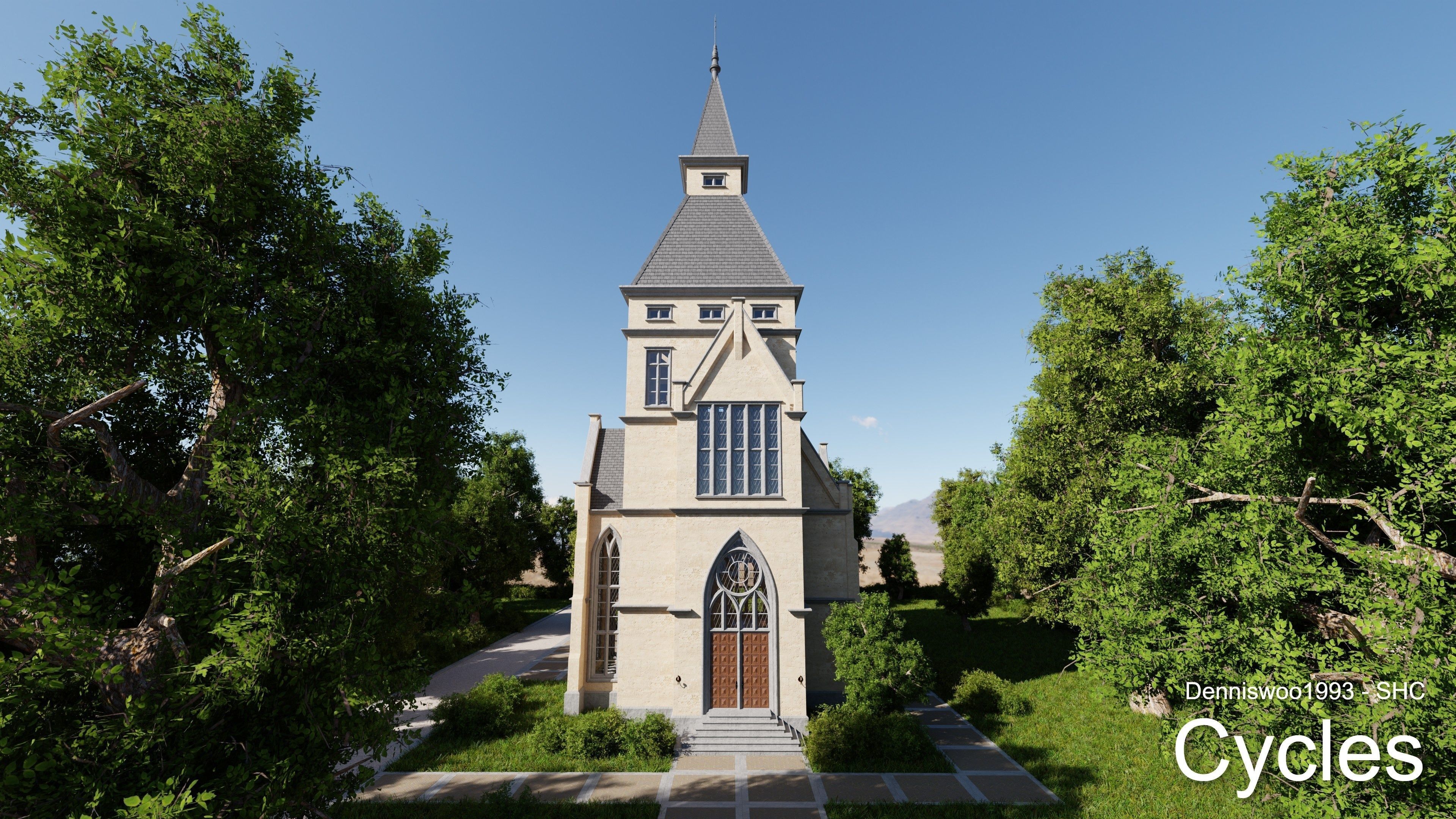 Classic great hall with tower - Church with interior Low-poly 3D model_2