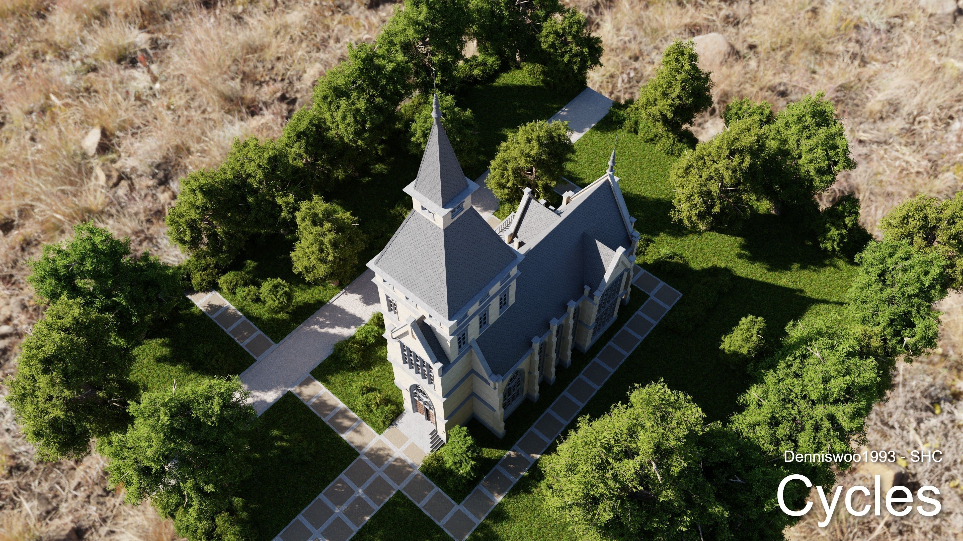 Classic great hall with tower - Church with interior Low-poly 3D model_11