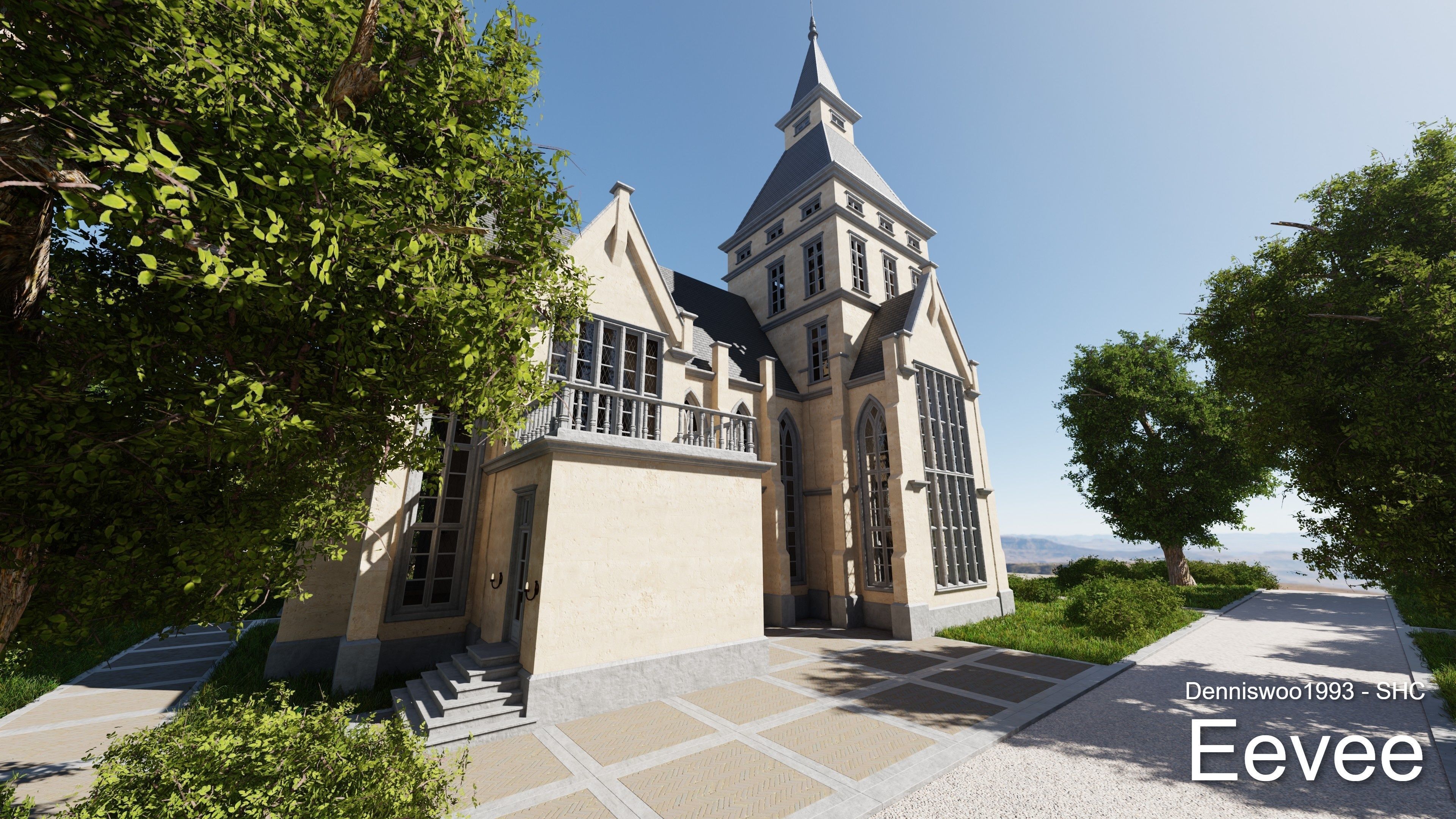 Classic great hall with tower - Church with interior Low-poly 3D model_28