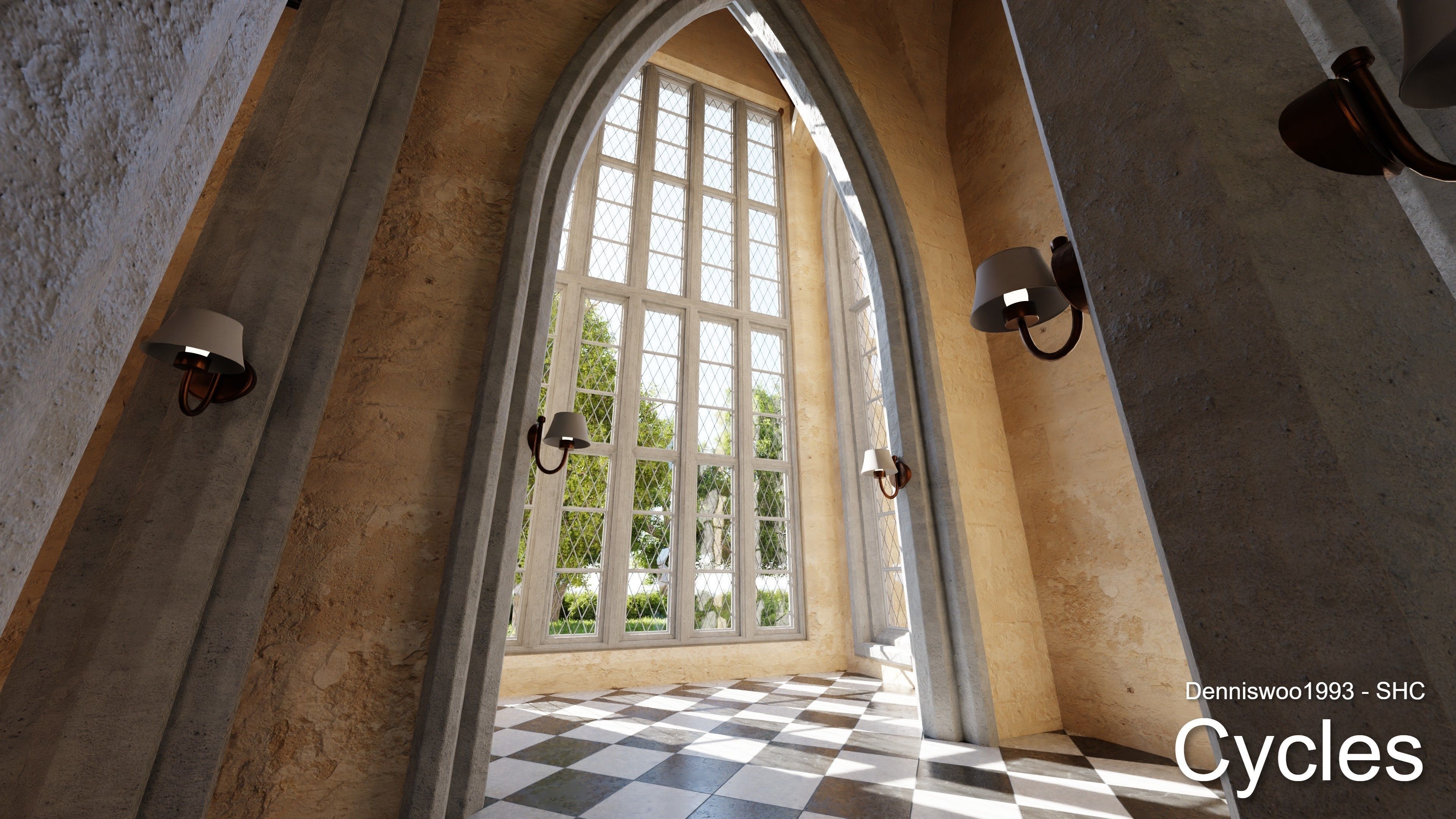 Classic great hall with tower - Church with interior Low-poly 3D model_7