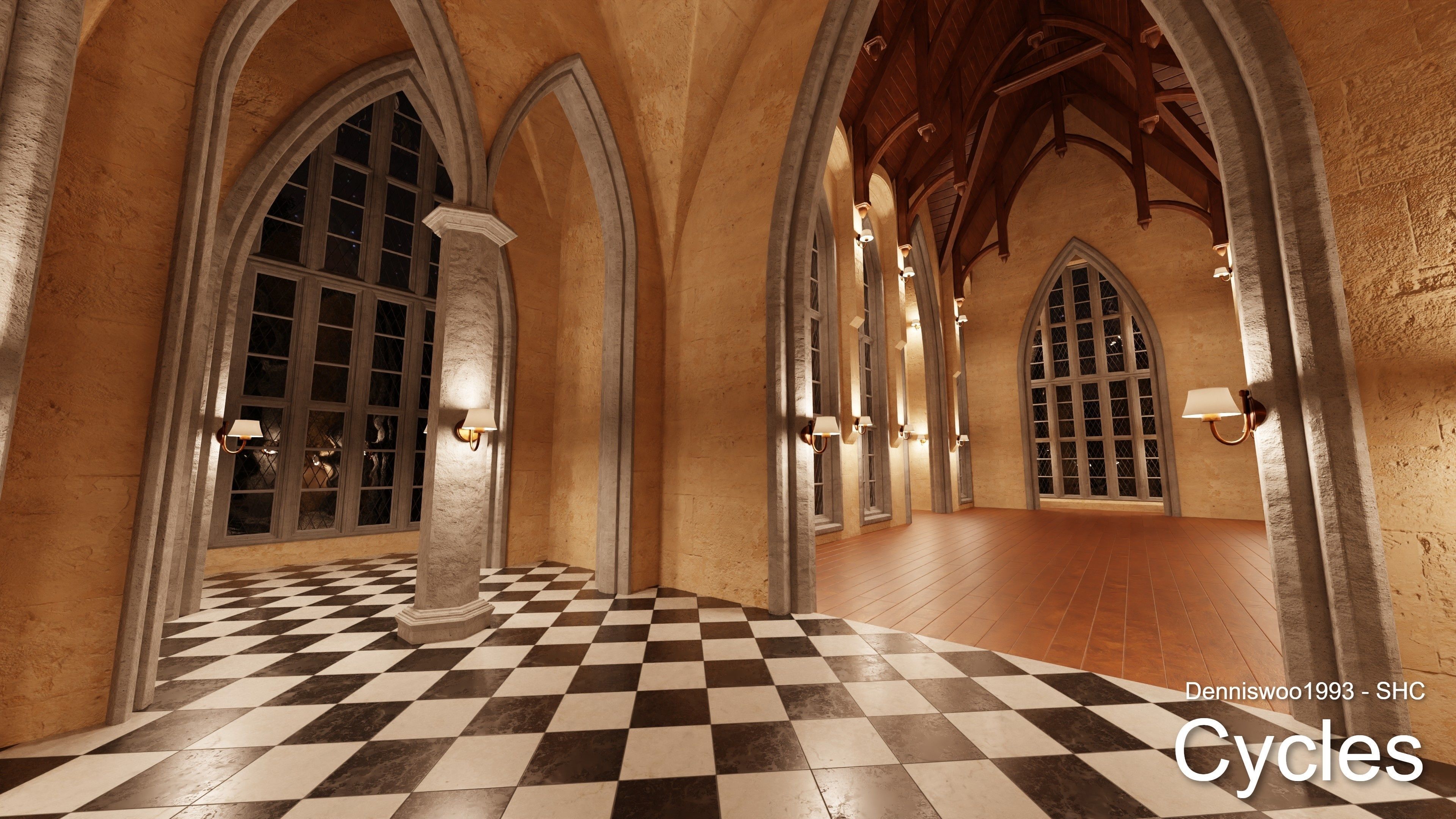 Classic great hall with tower - Church with interior Low-poly 3D model_17