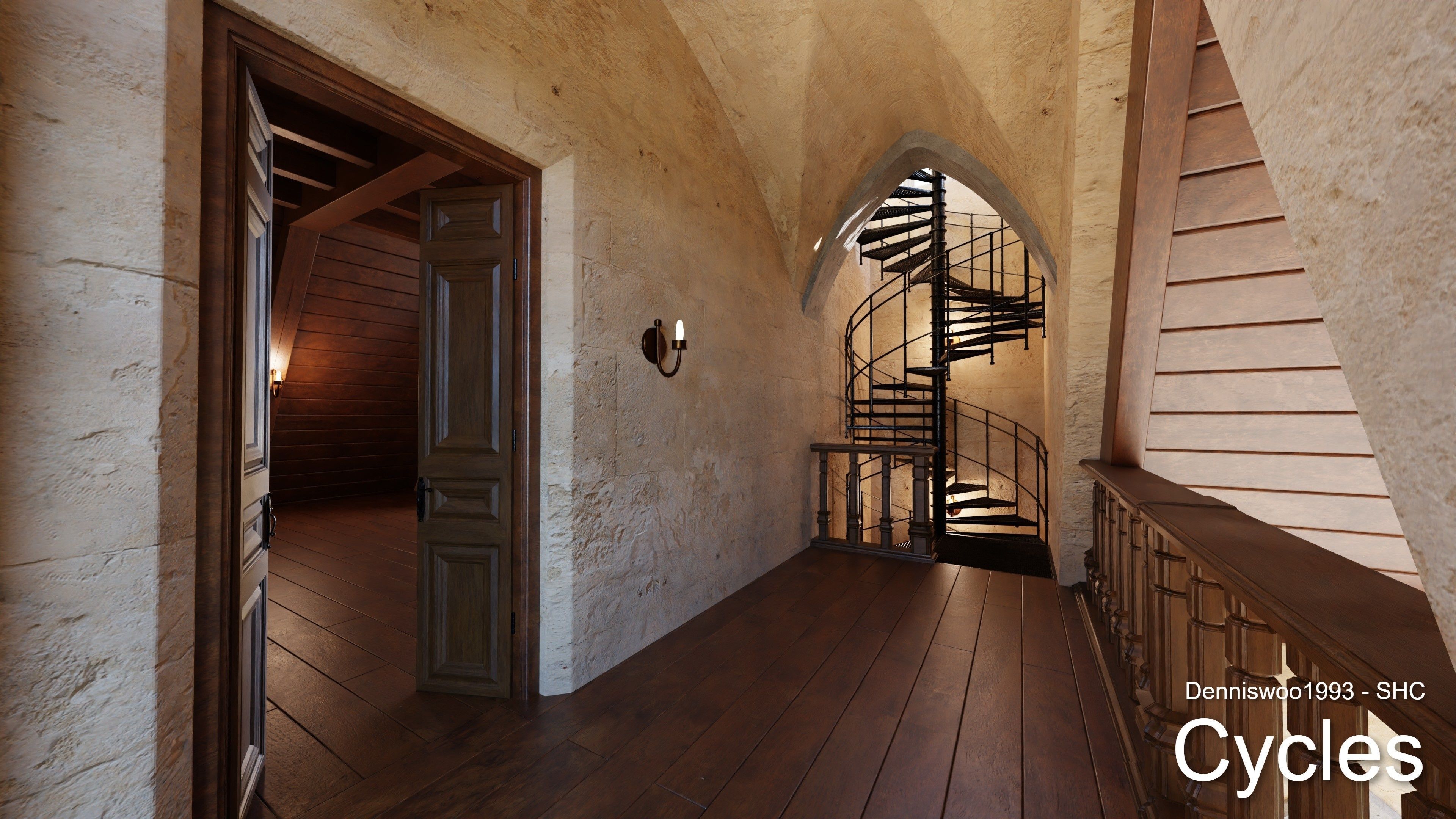 Classic great hall with tower - Church with interior Low-poly 3D model_12