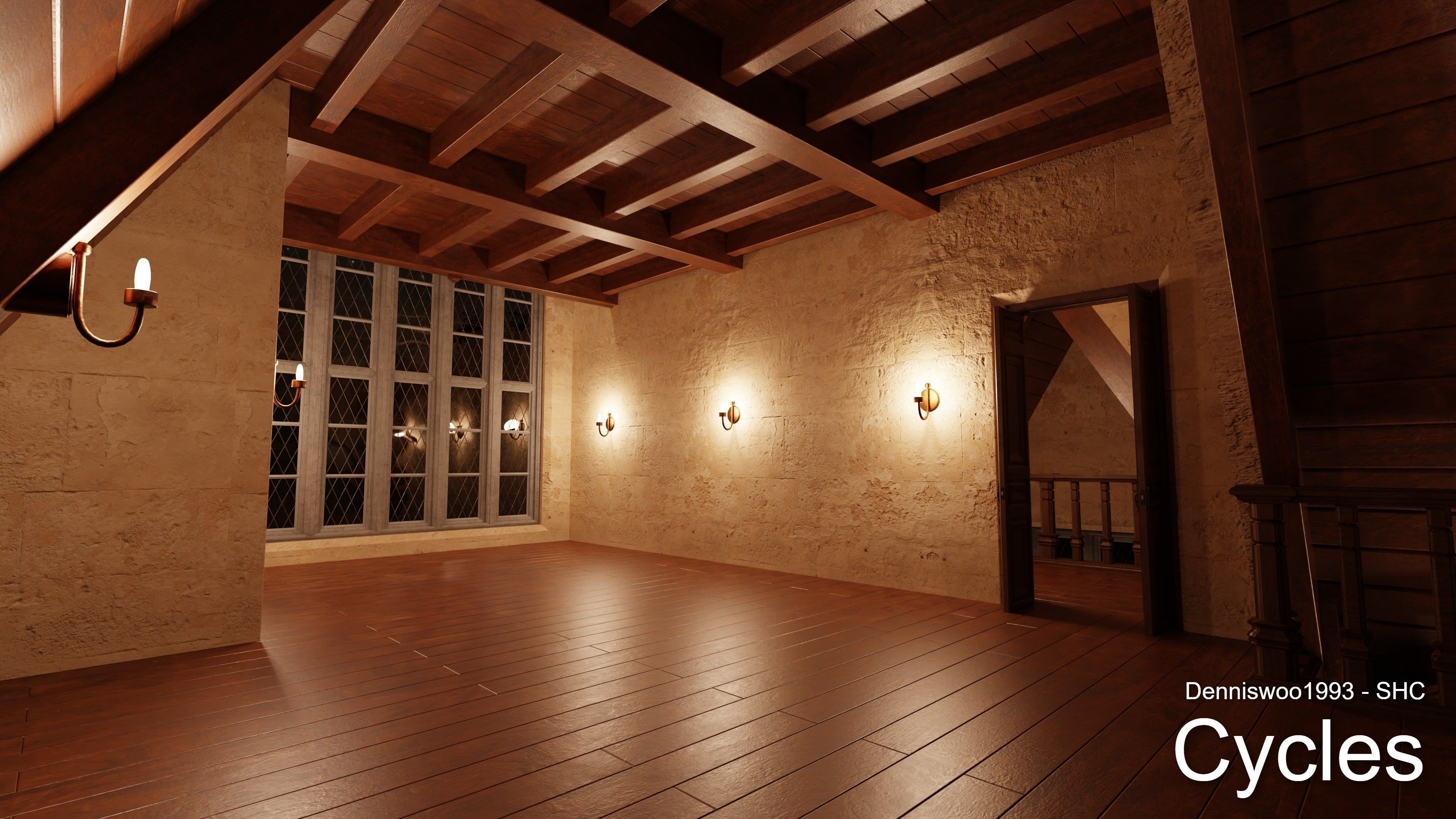 Classic great hall with tower - Church with interior Low-poly 3D model_18