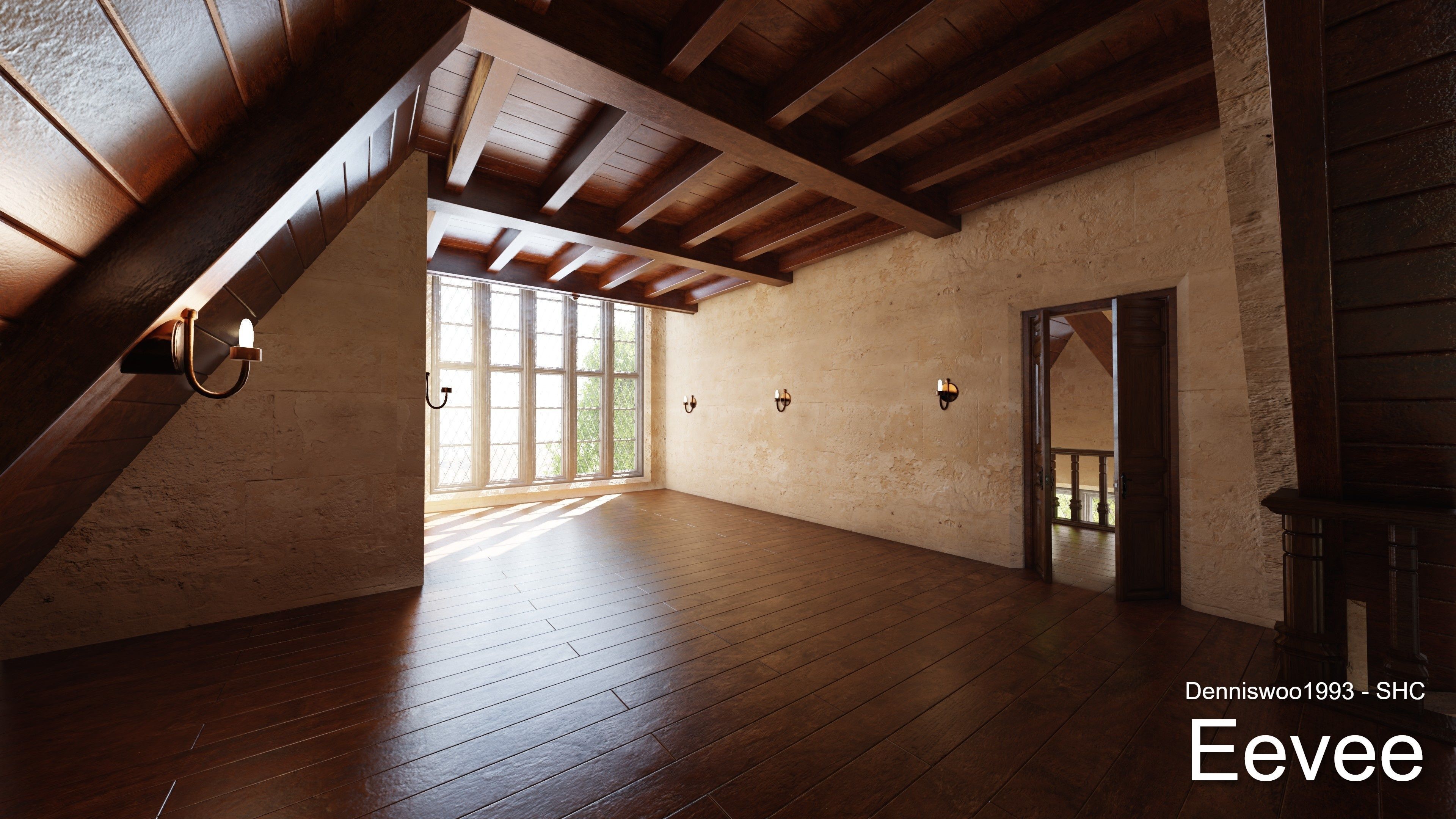 Classic great hall with tower - Church with interior Low-poly 3D model_29
