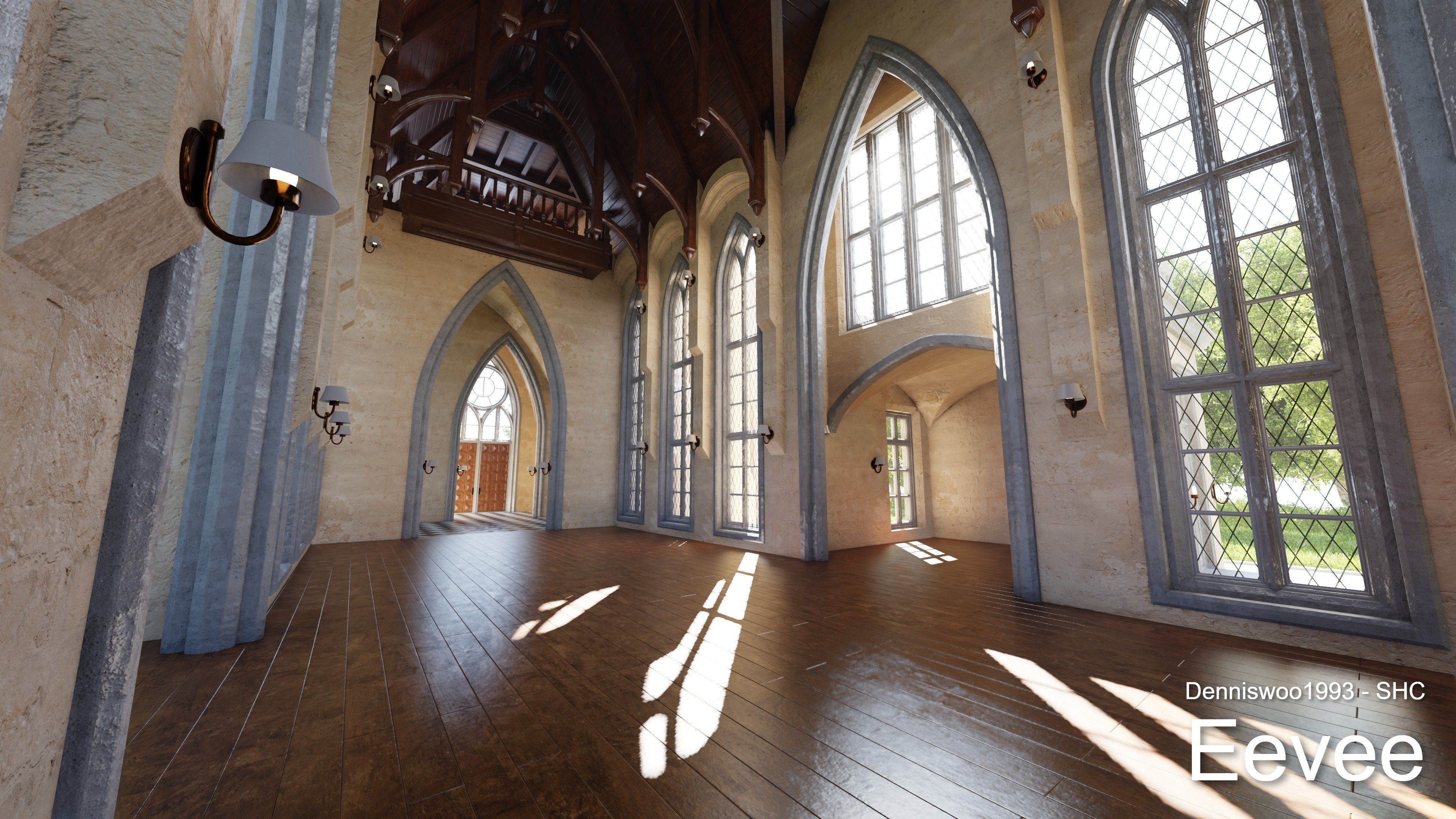 Classic great hall with tower - Church with interior Low-poly 3D model_27