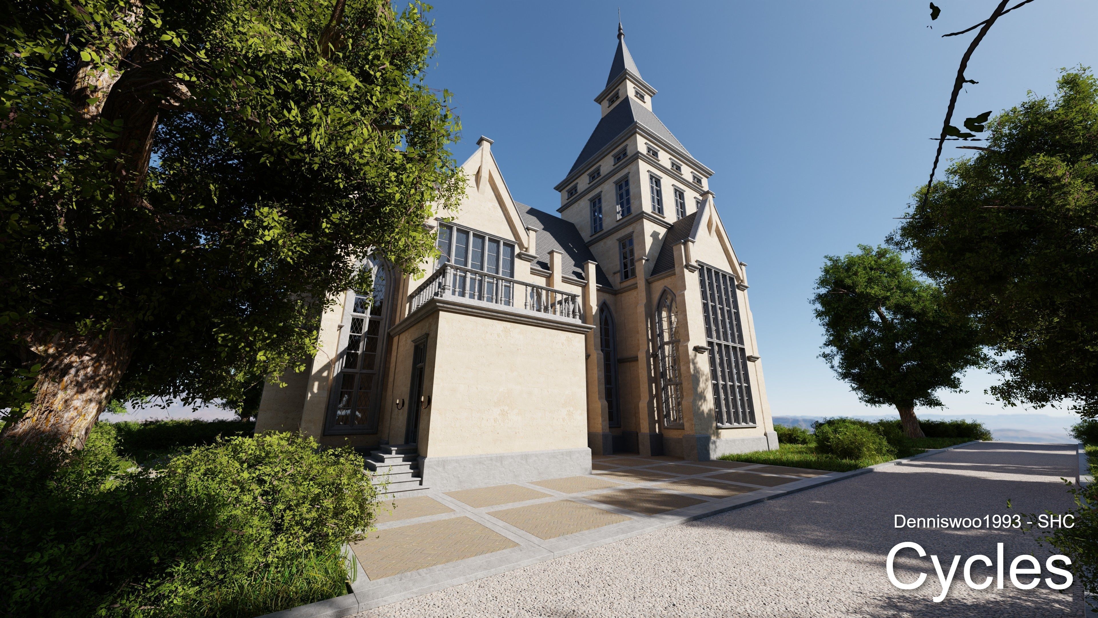 Classic great hall with tower - Church with interior Low-poly 3D model_6