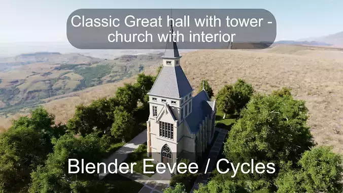 Classic great hall with tower - Church with interior Low-poly 3D model Classic great hall with tower - Church with interior Low-poly 3D model