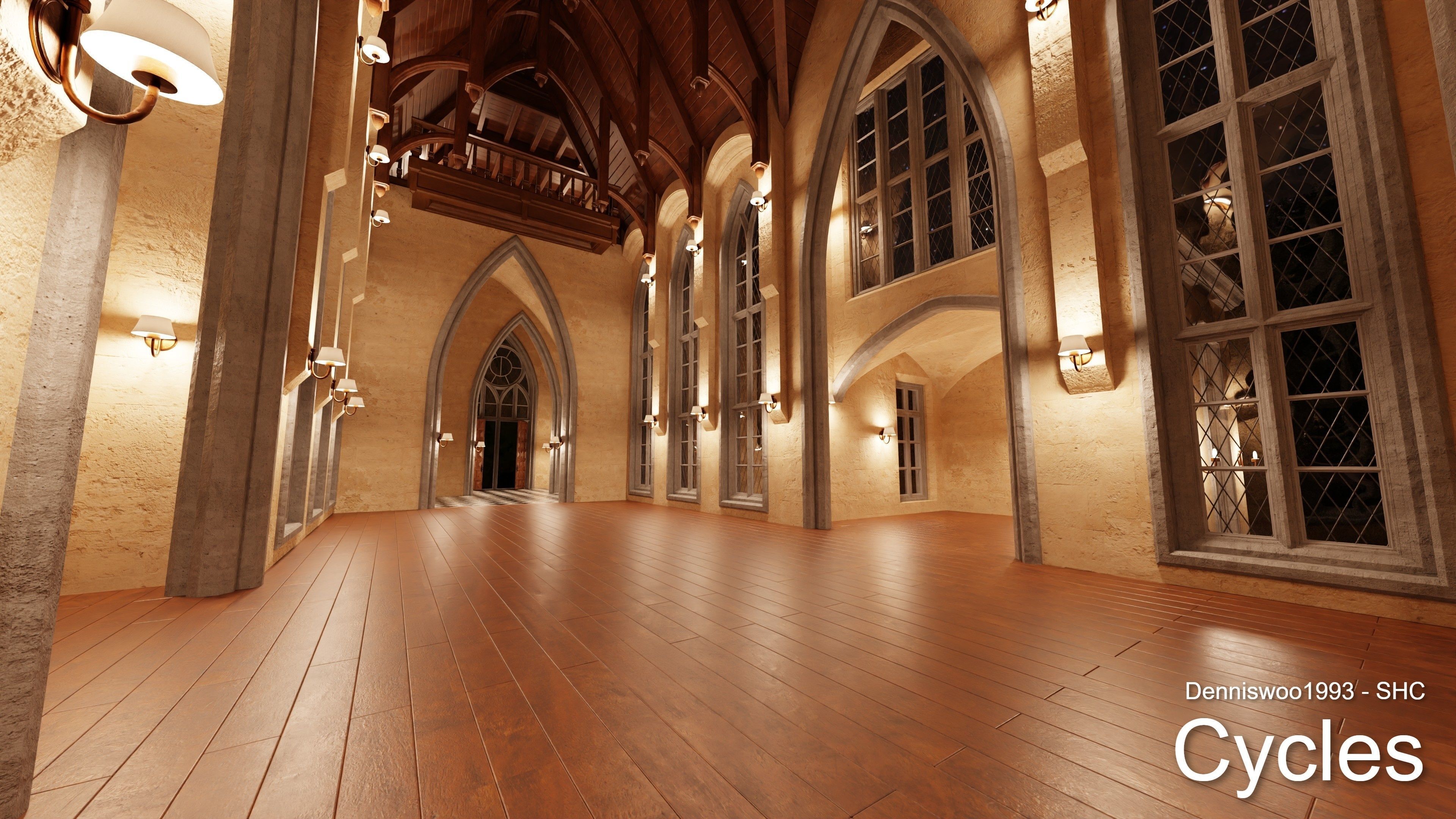 Classic great hall with tower - Church with interior Low-poly 3D model_23